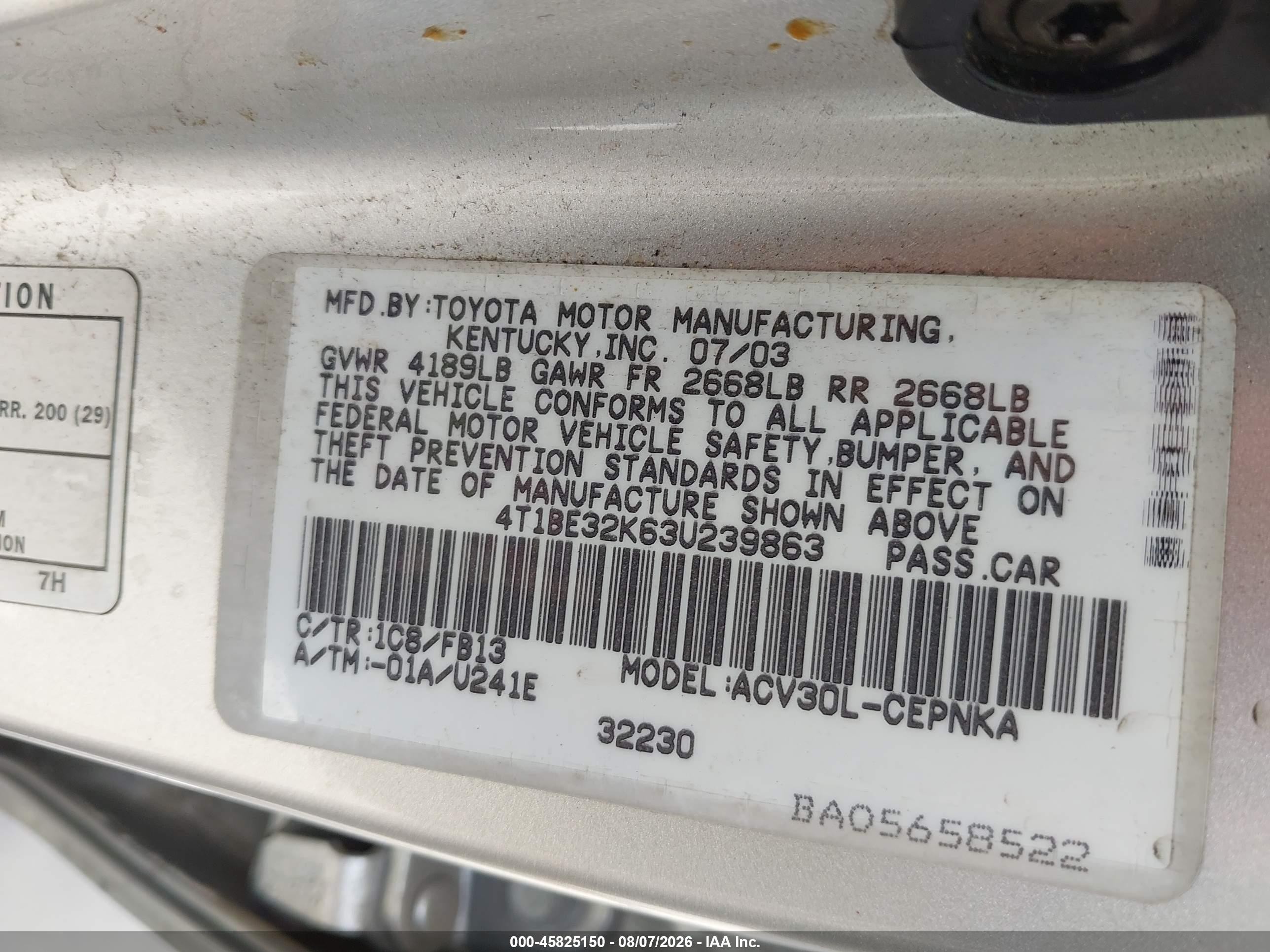2003 Toyota Camry Le Silver vin: 4T1BE32K63U239863