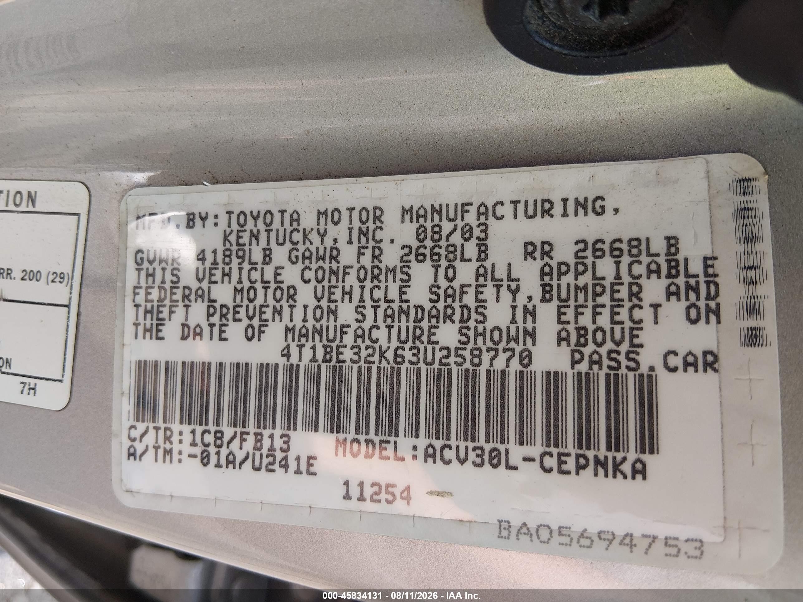2003 Toyota Camry Le Gray vin: 4T1BE32K63U258770