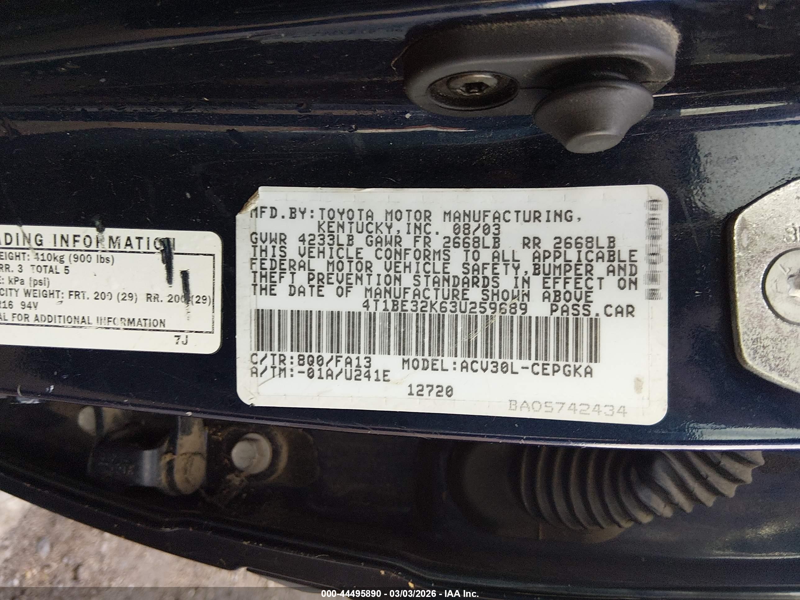 2003 Toyota Camry Xle Blue vin: 4T1BE32K63U259689