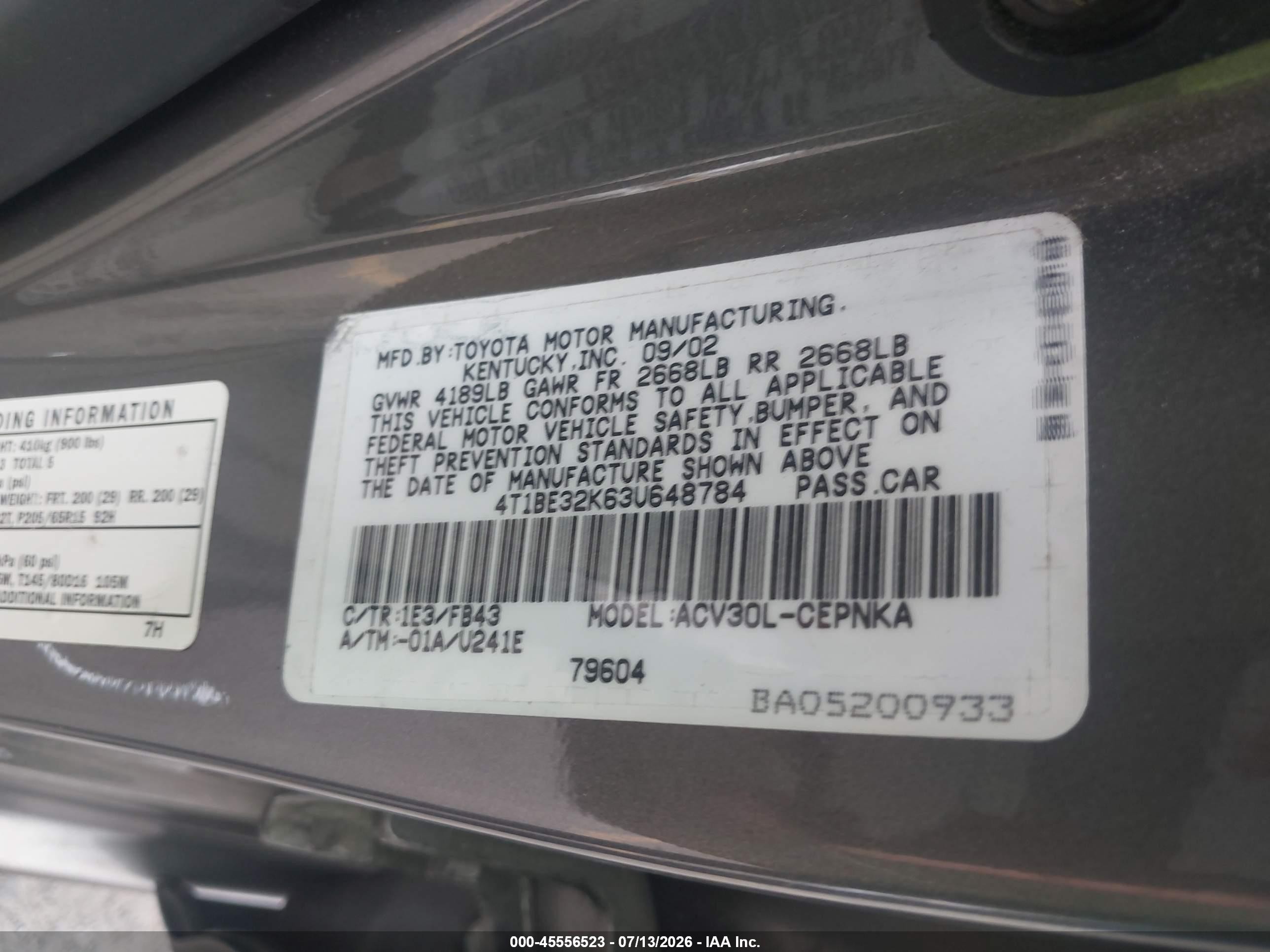 2003 Toyota Camry Le Brown vin: 4T1BE32K63U648784