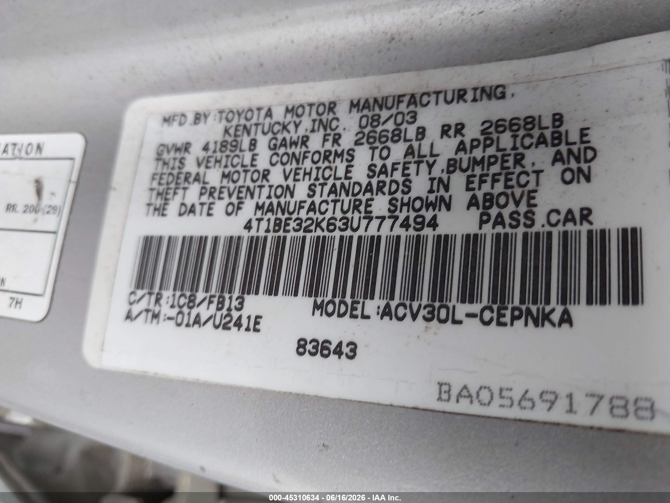 2003 Toyota Camry Le Silver vin: 4T1BE32K63U777494