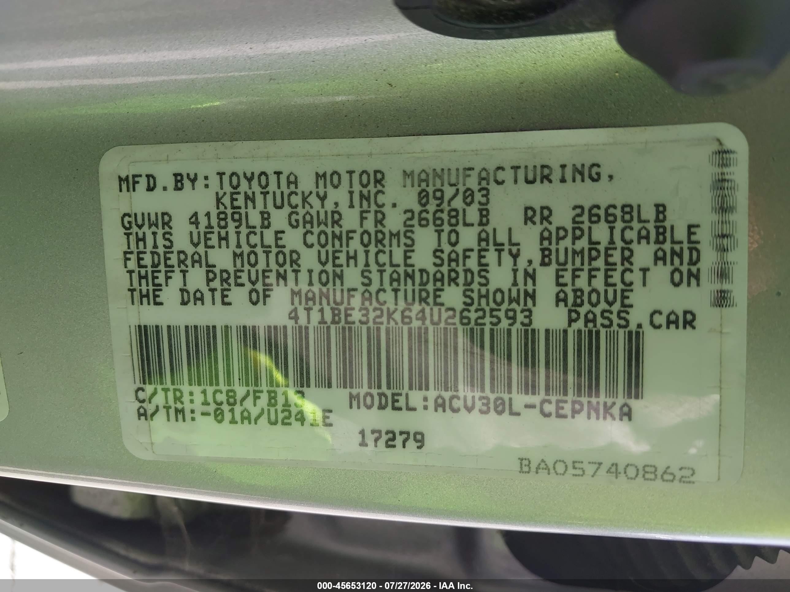 2004 Toyota Camry Le Серебряный vin: 4T1BE32K64U262593