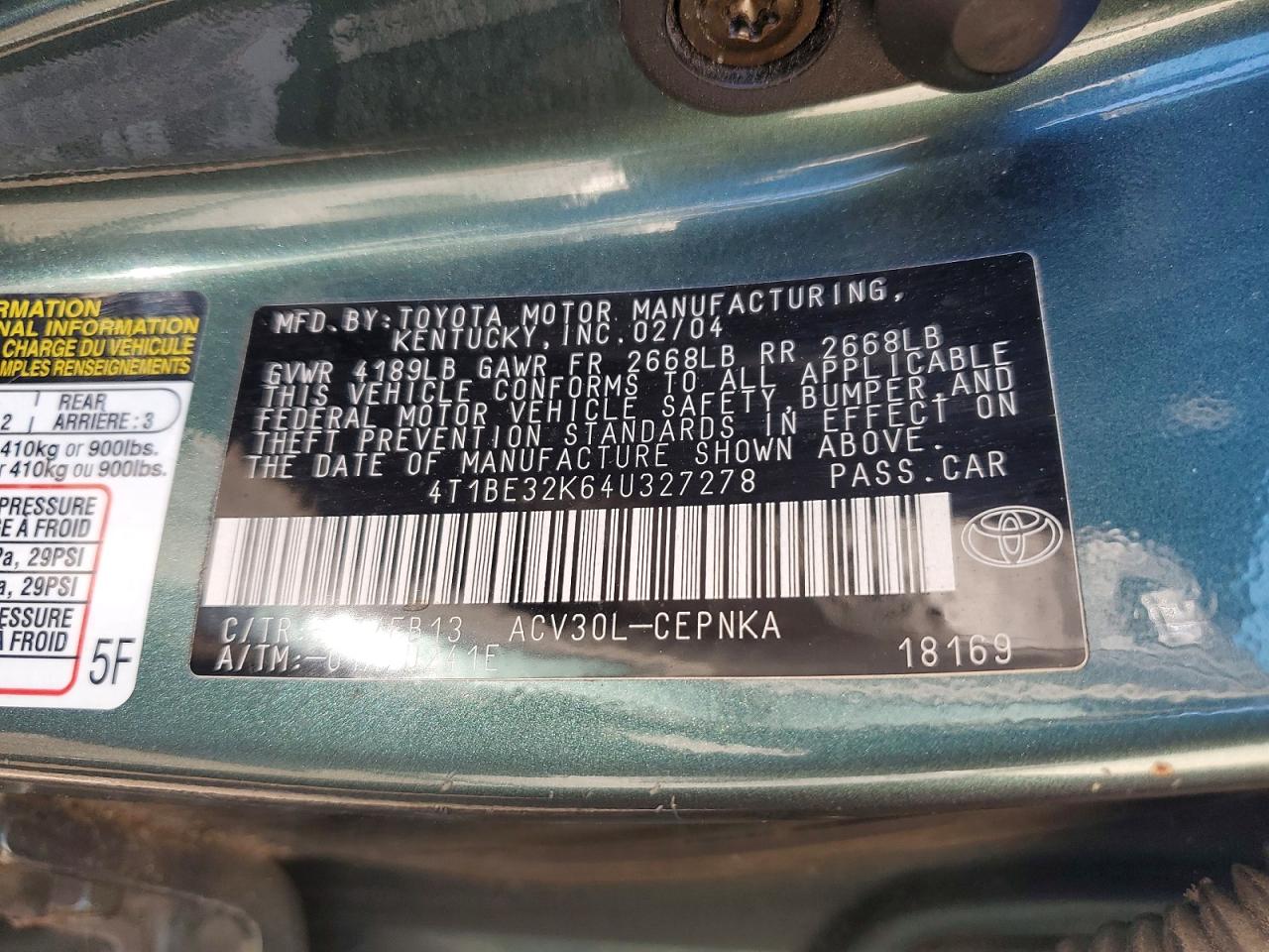 2004 Toyota Camry Le Зеленый vin: 4T1BE32K64U327278