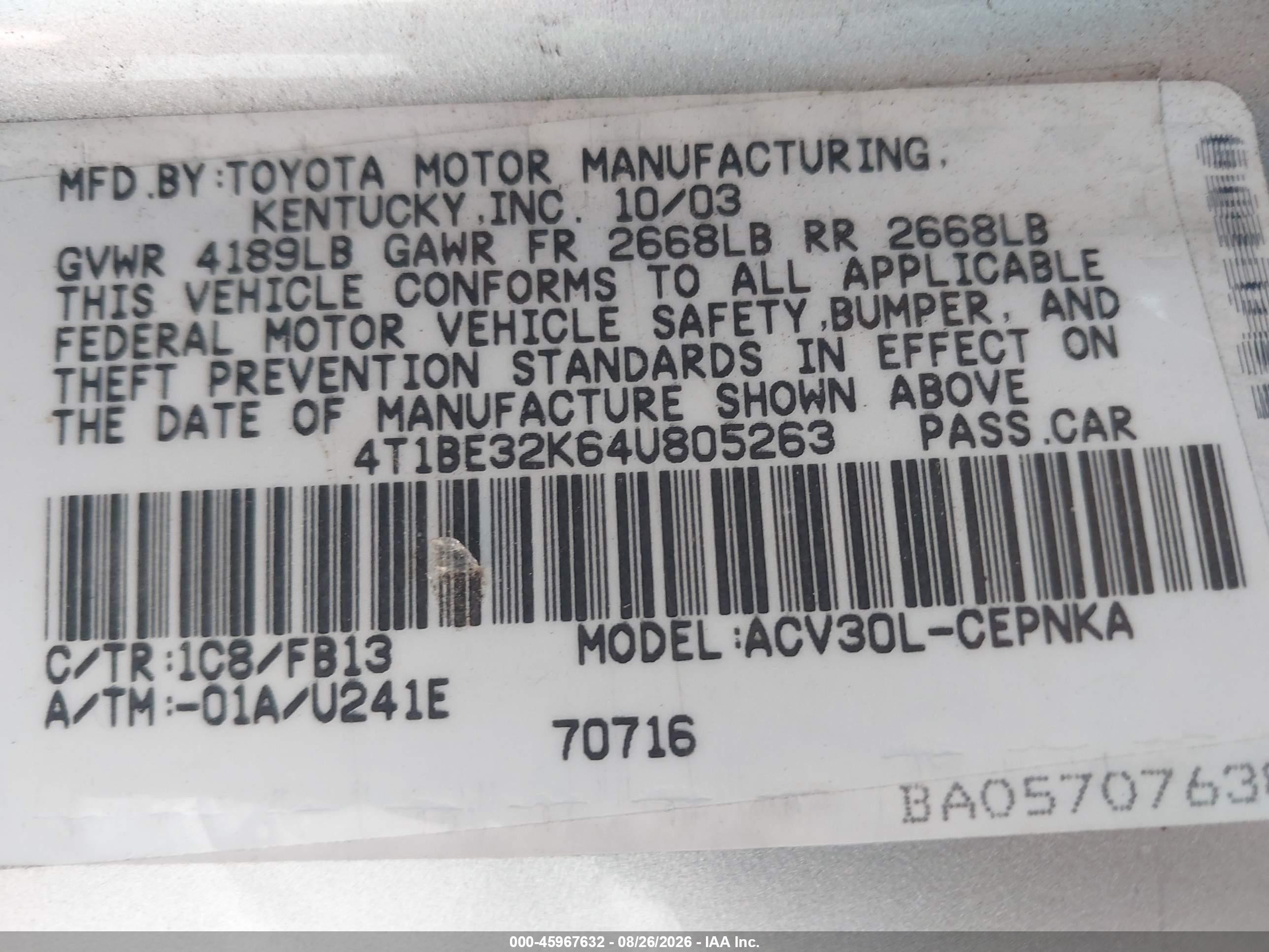 2004 Toyota Camry Le Silver vin: 4T1BE32K64U805263