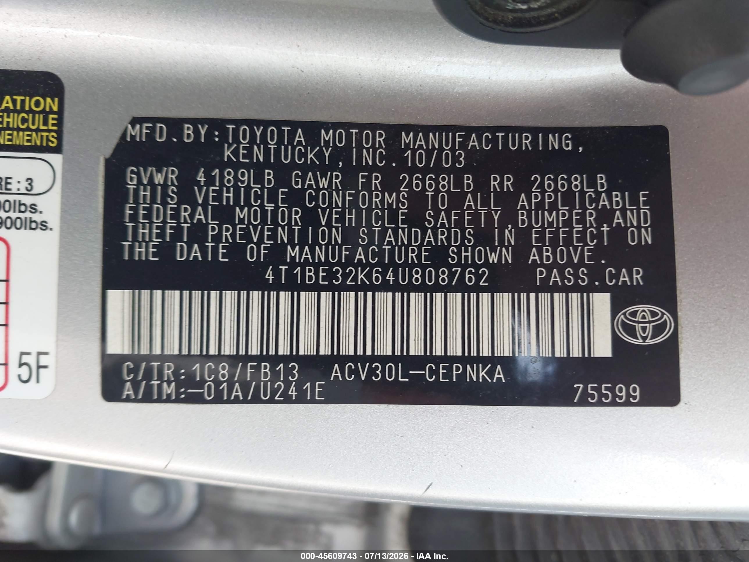2004 Toyota Camry Le Silver vin: 4T1BE32K64U808762