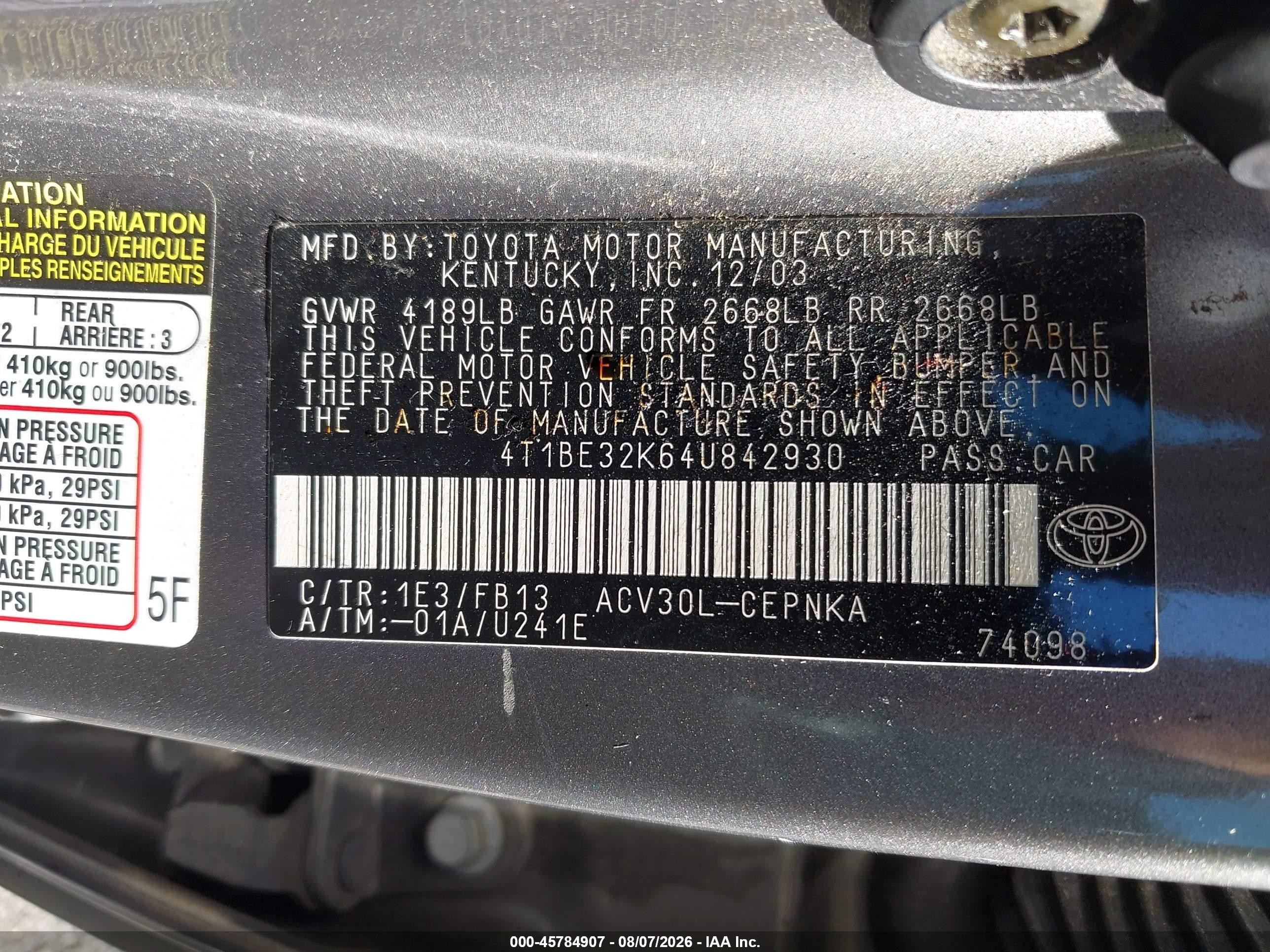 2004 Toyota Camry Le Gray vin: 4T1BE32K64U842930
