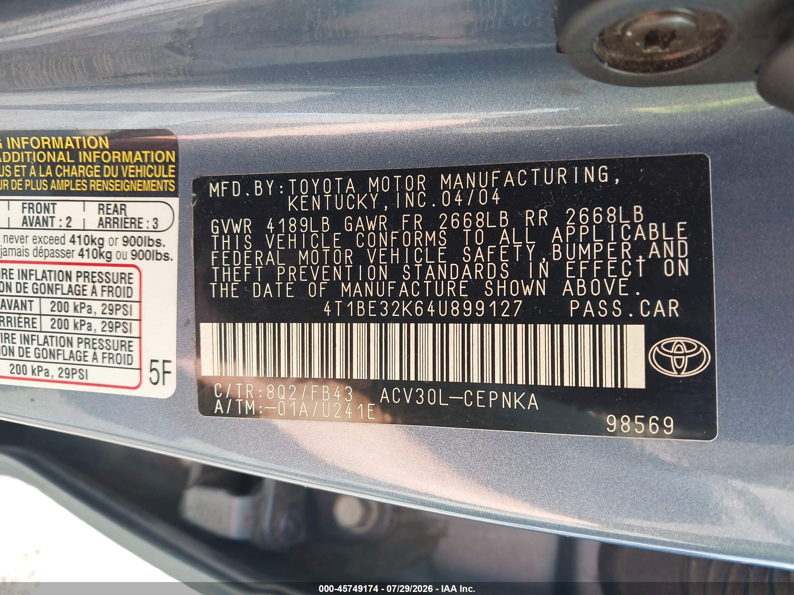 2004 Toyota Camry Le Blue vin: 4T1BE32K64U899127