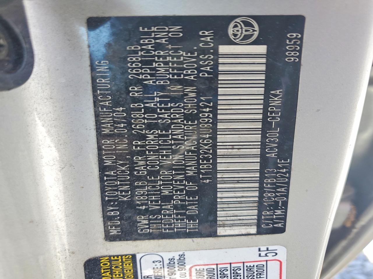 2004 Toyota Camry Le Серебряный vin: 4T1BE32K64U899421