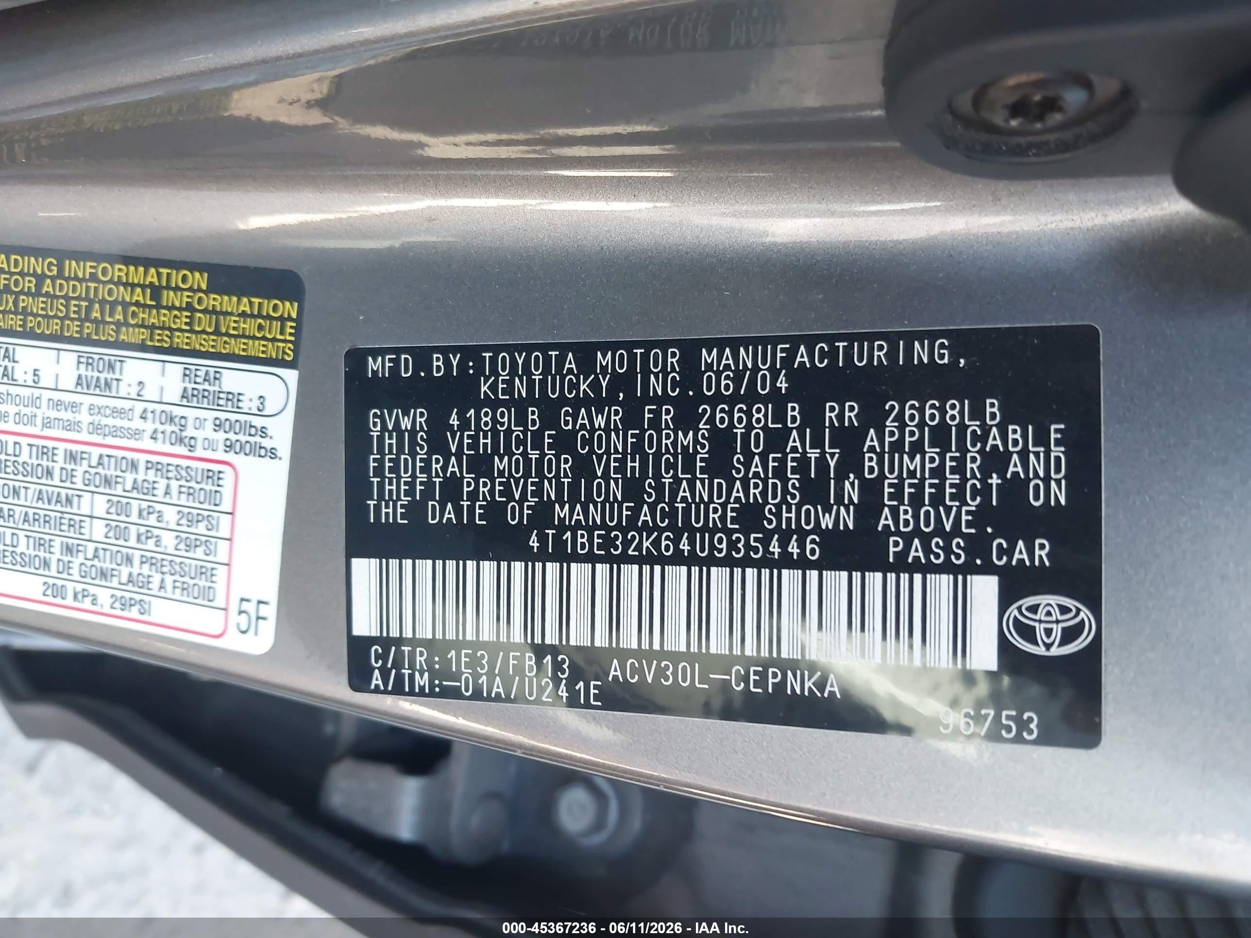 2004 Toyota Camry Le/xle/se Gray vin: 4T1BE32K64U935446