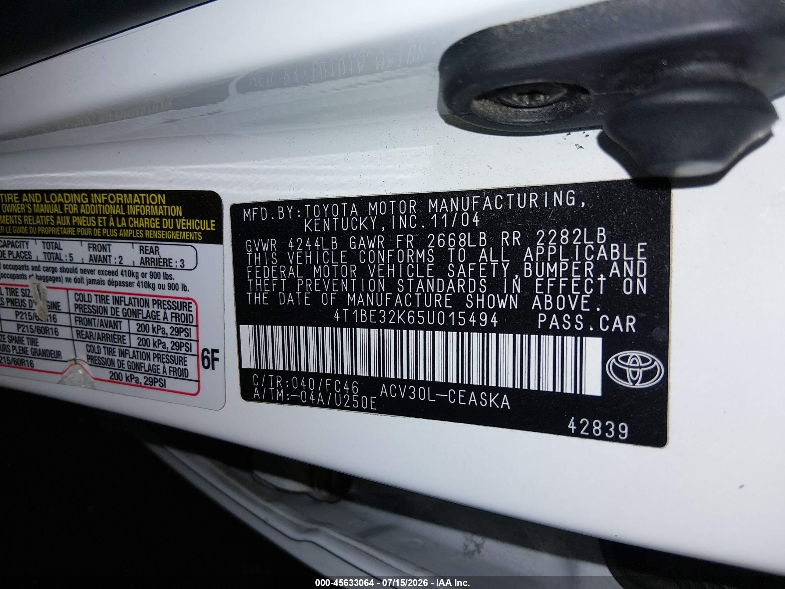 2005 Toyota Camry Se White vin: 4T1BE32K65U015494