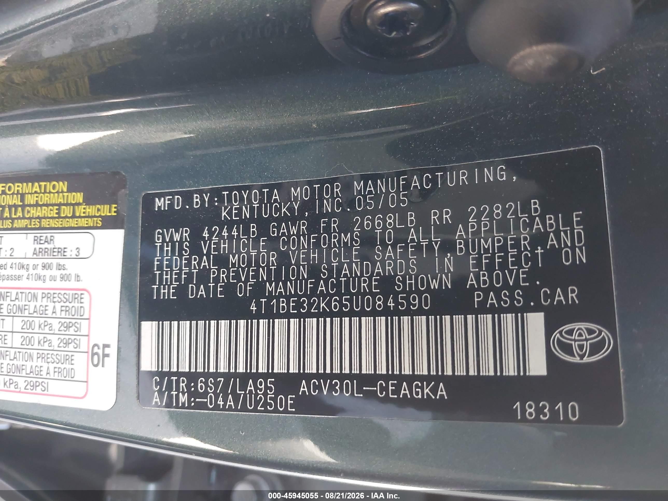 2005 Toyota Camry Le/xle/se Green vin: 4T1BE32K65U084590