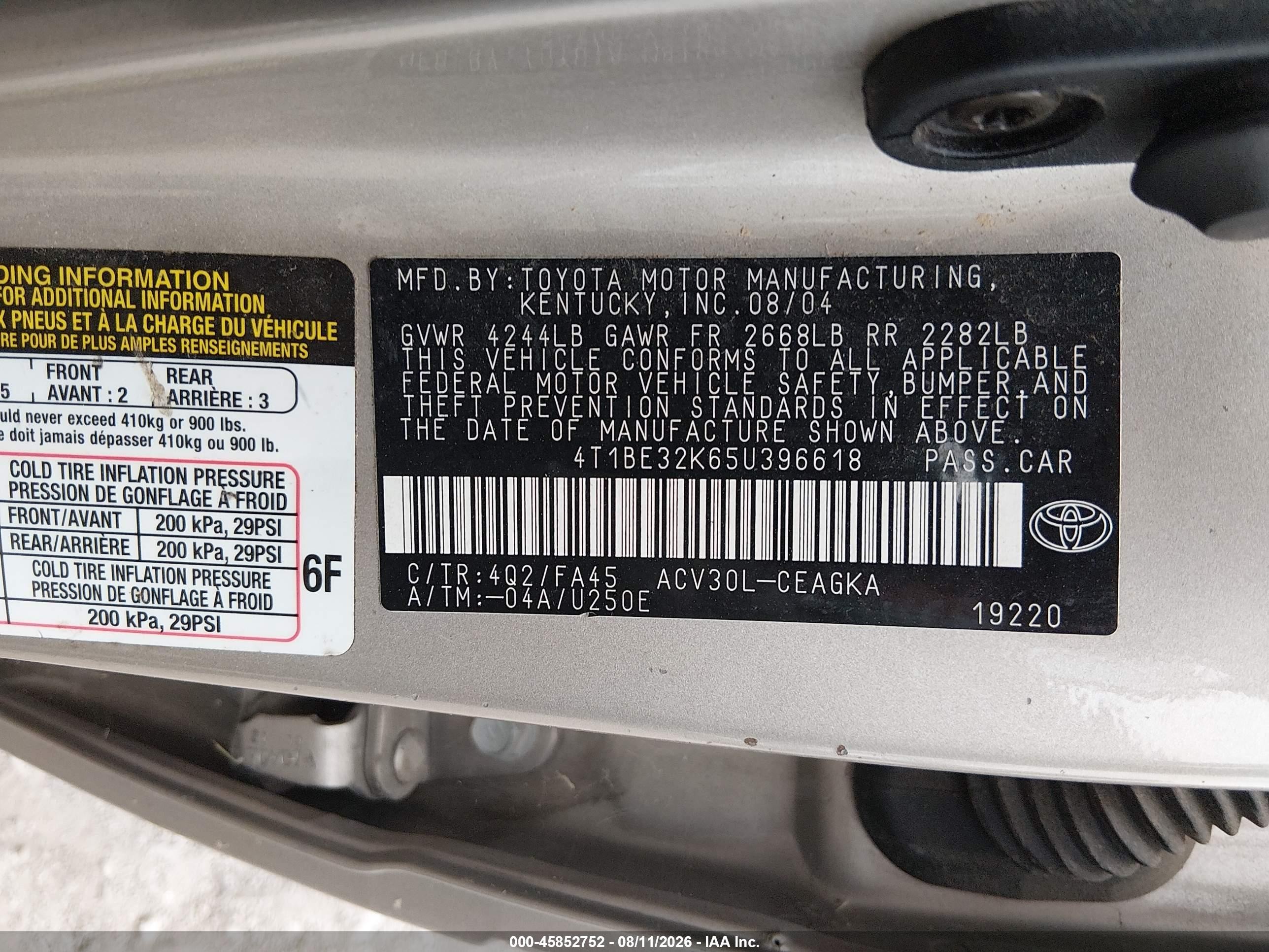 2005 Toyota Camry Xle Pewter vin: 4T1BE32K65U396618