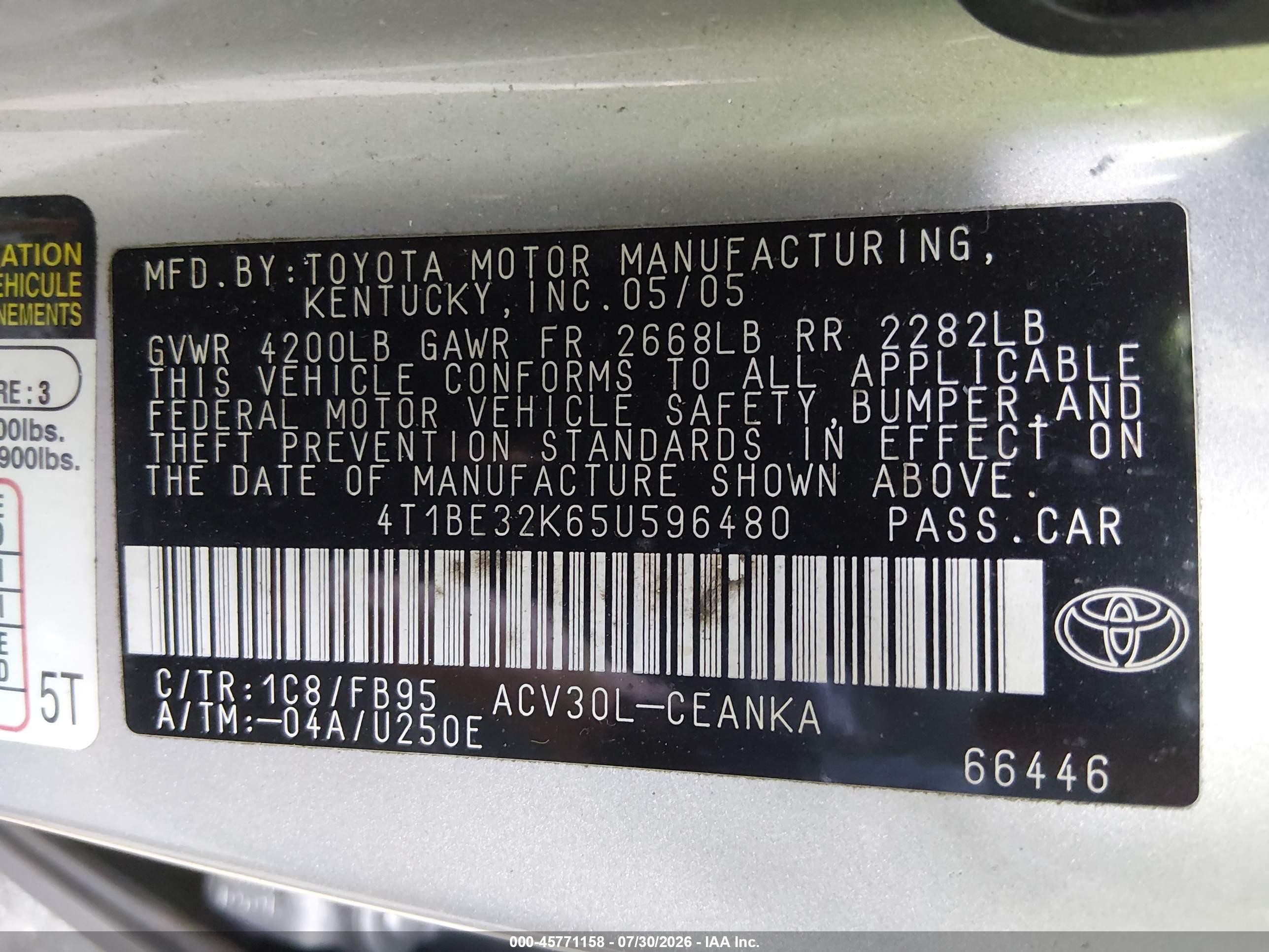2005 Toyota Camry Std Silver vin: 4T1BE32K65U596480