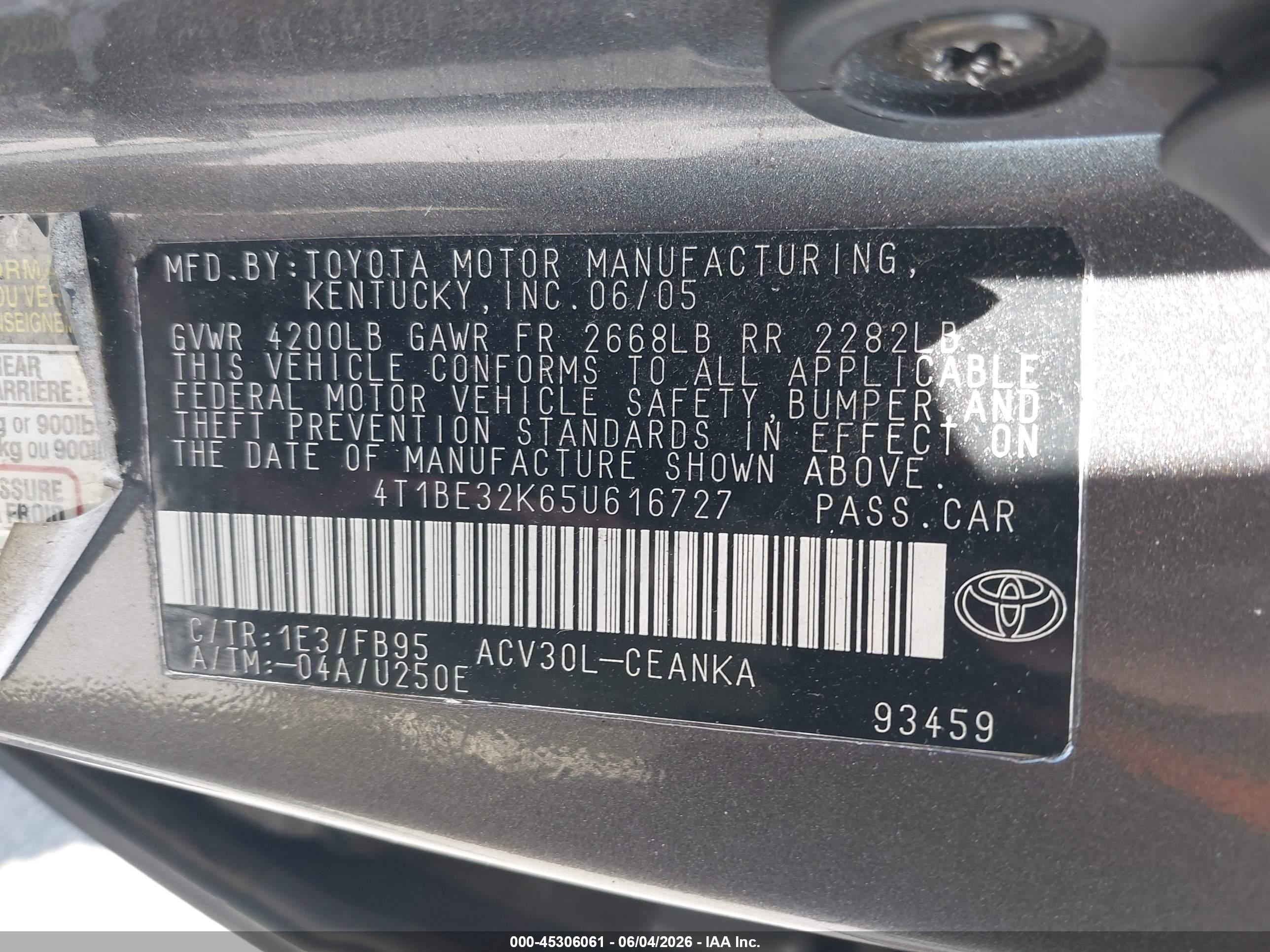 2005 Toyota Camry Le Gray vin: 4T1BE32K65U616727