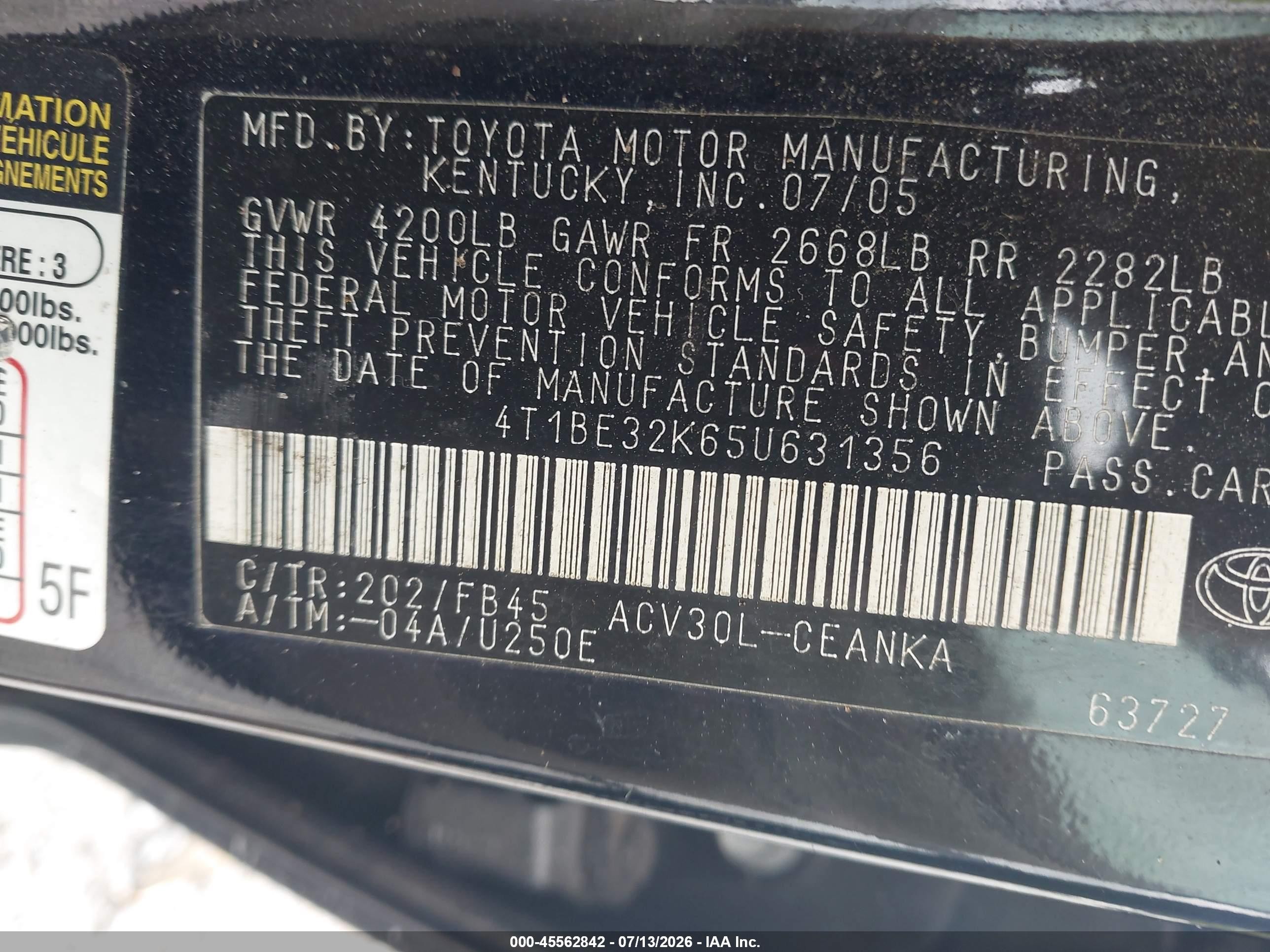 2005 Toyota Camry Le Черный vin: 4T1BE32K65U631356