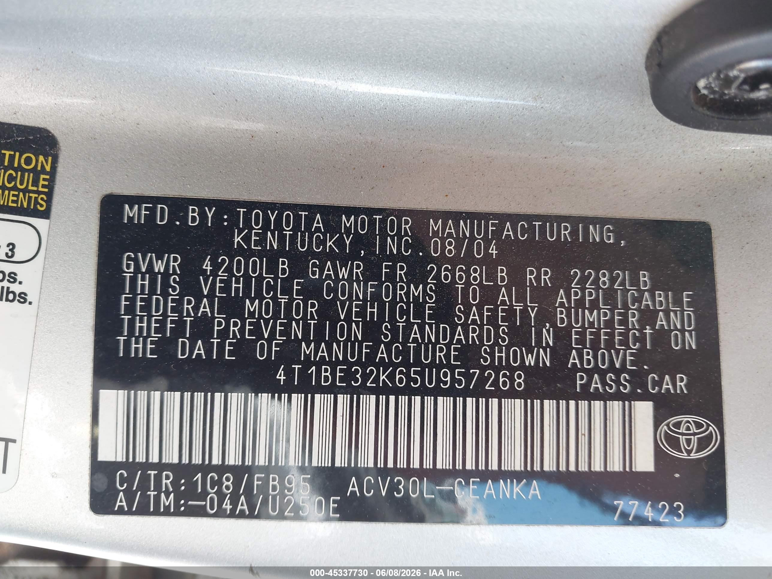 2005 Toyota Camry Std Серебряный vin: 4T1BE32K65U957268