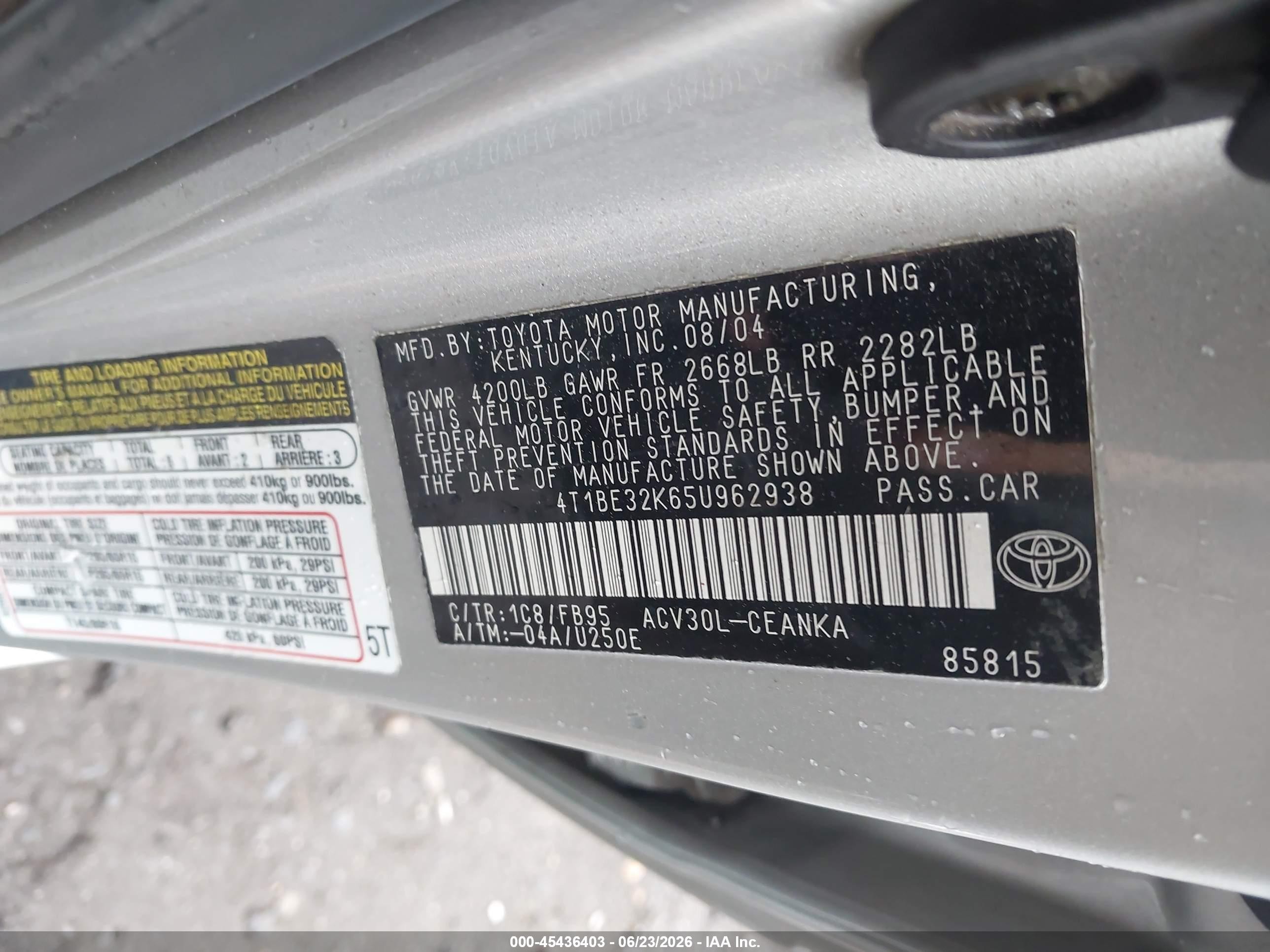 2005 Toyota Camry Std Gray vin: 4T1BE32K65U962938