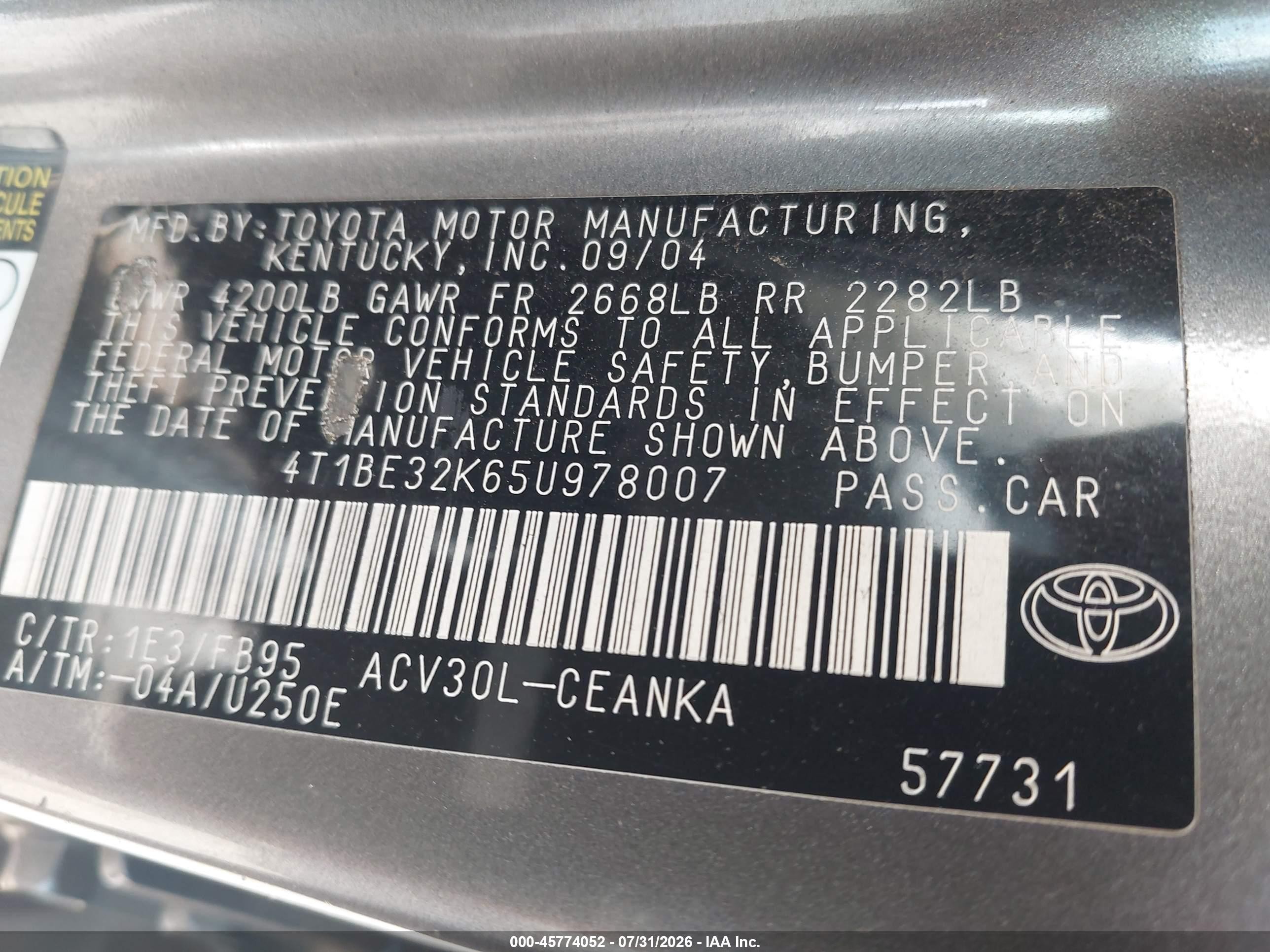 2005 Toyota Camry Std Gray vin: 4T1BE32K65U978007