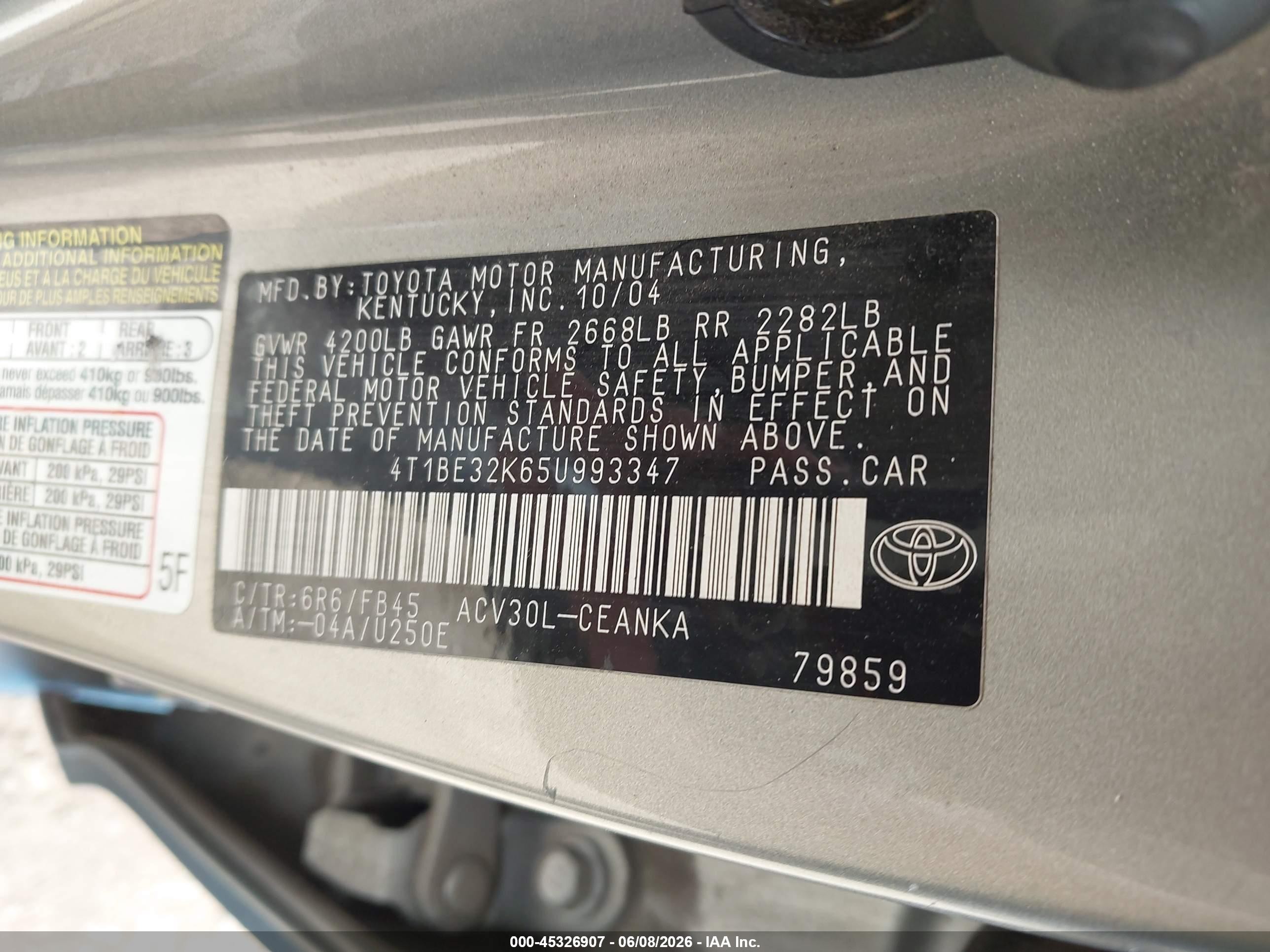 2005 Toyota Camry Le Blue vin: 4T1BE32K65U993347