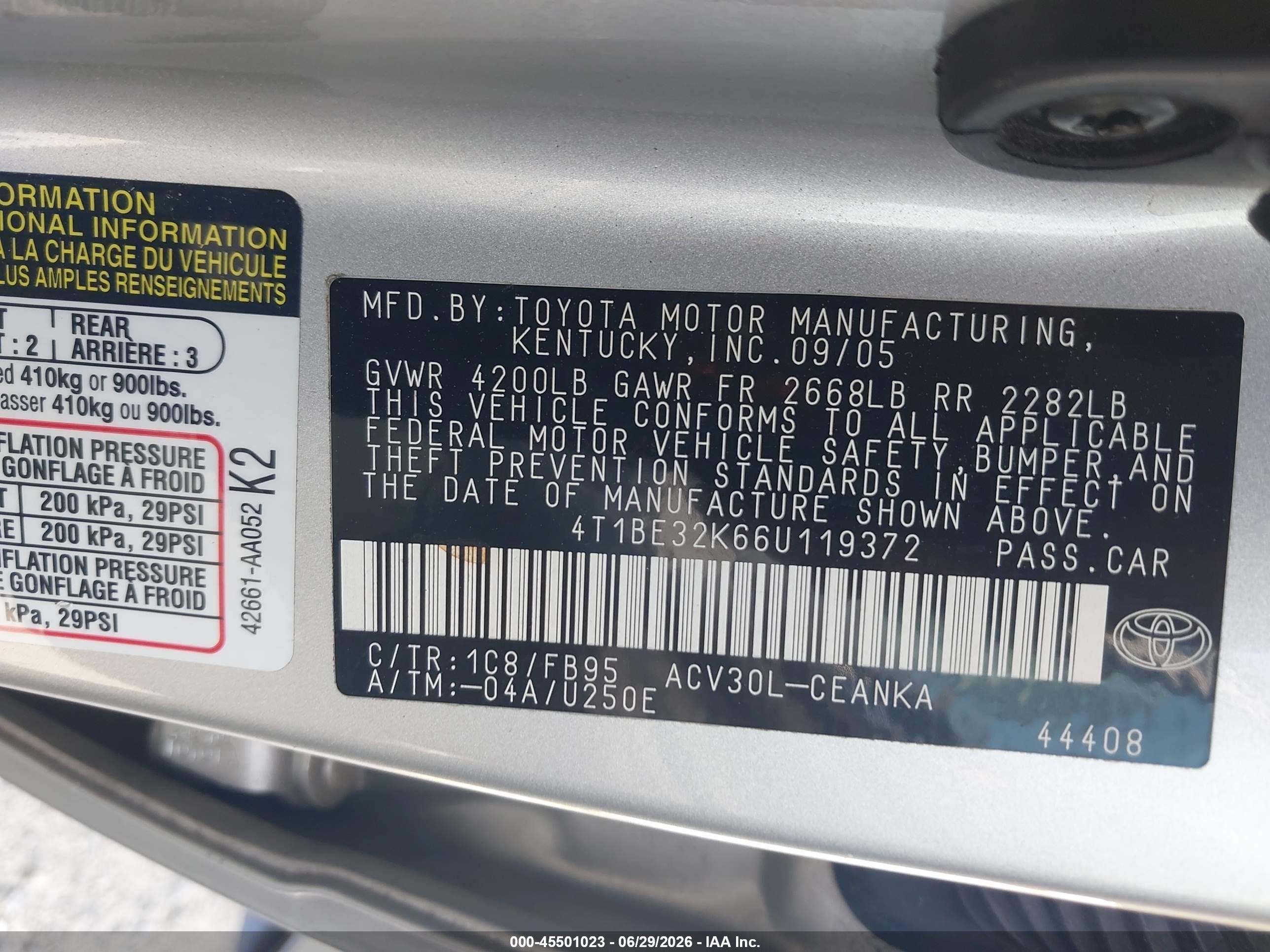 2006 Toyota Camry Le Silver vin: 4T1BE32K66U119372