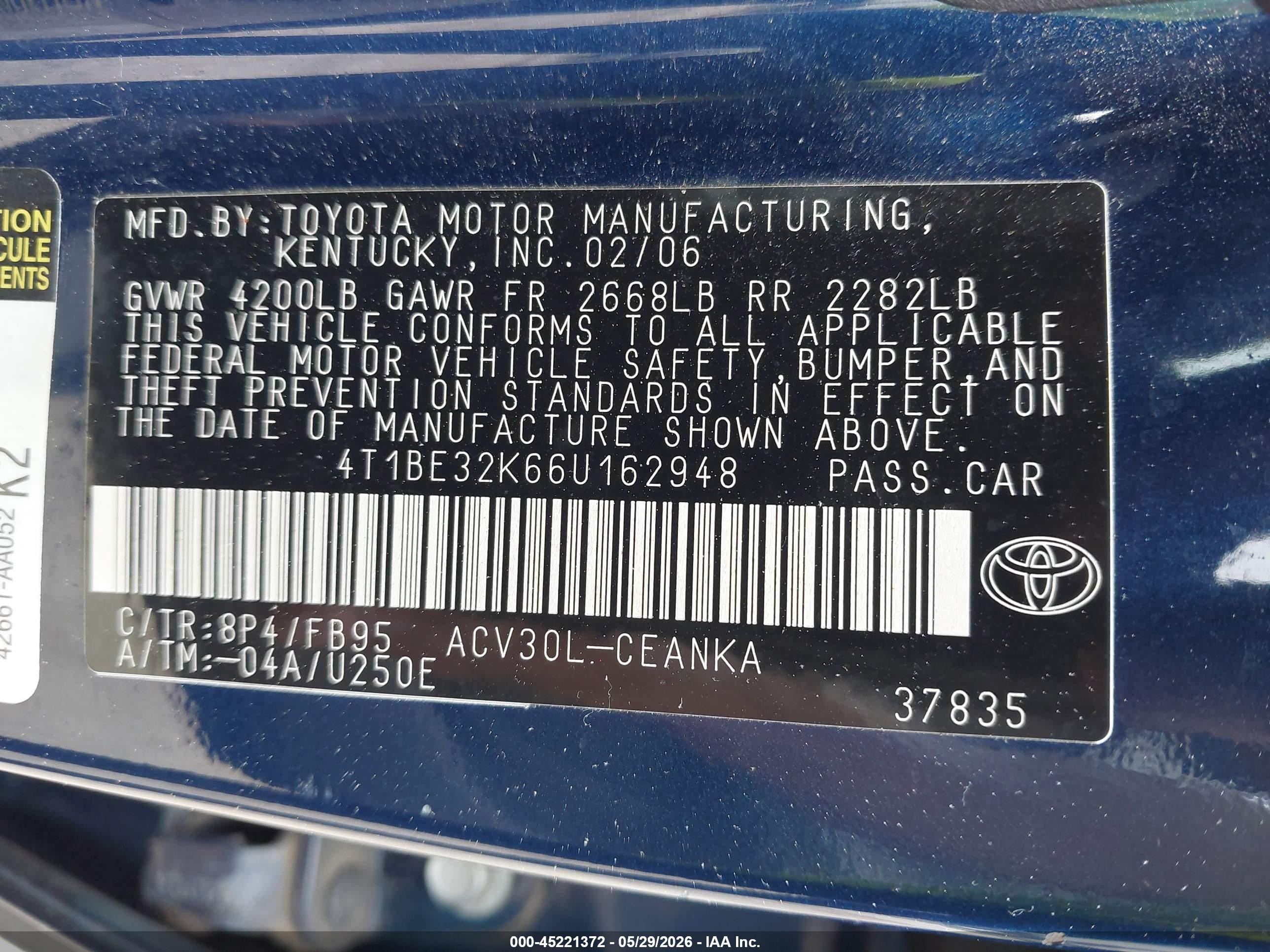 2006 Toyota Camry Le Blue vin: 4T1BE32K66U162948