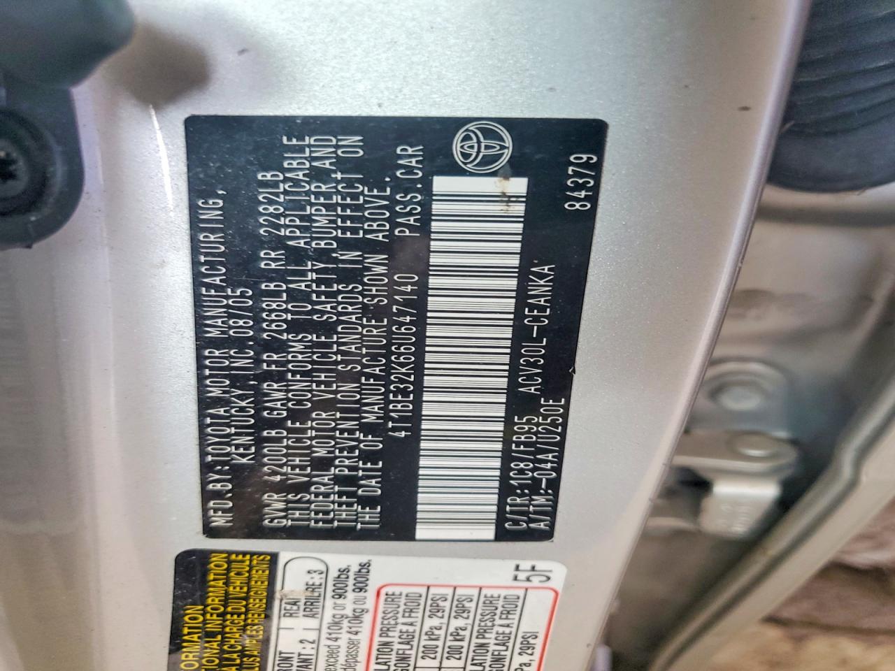 2006 Toyota Camry Le Silver vin: 4T1BE32K66U647140