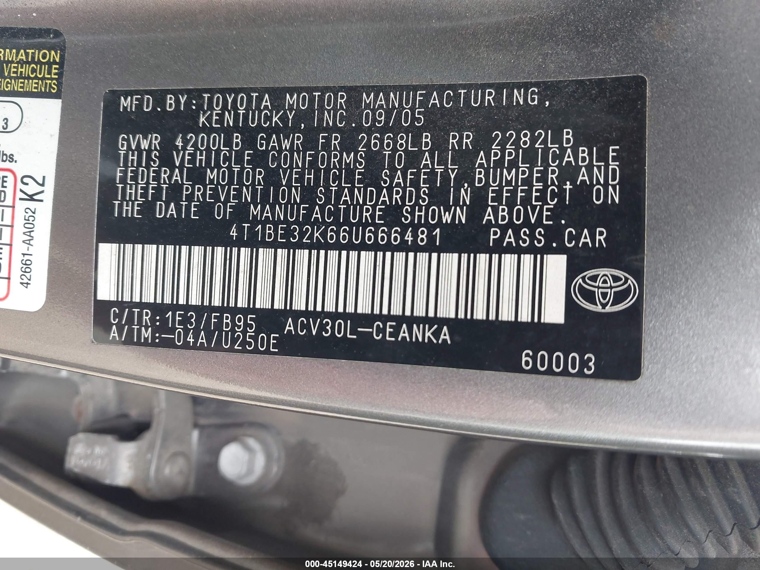 2006 Toyota Camry Le Gray vin: 4T1BE32K66U666481