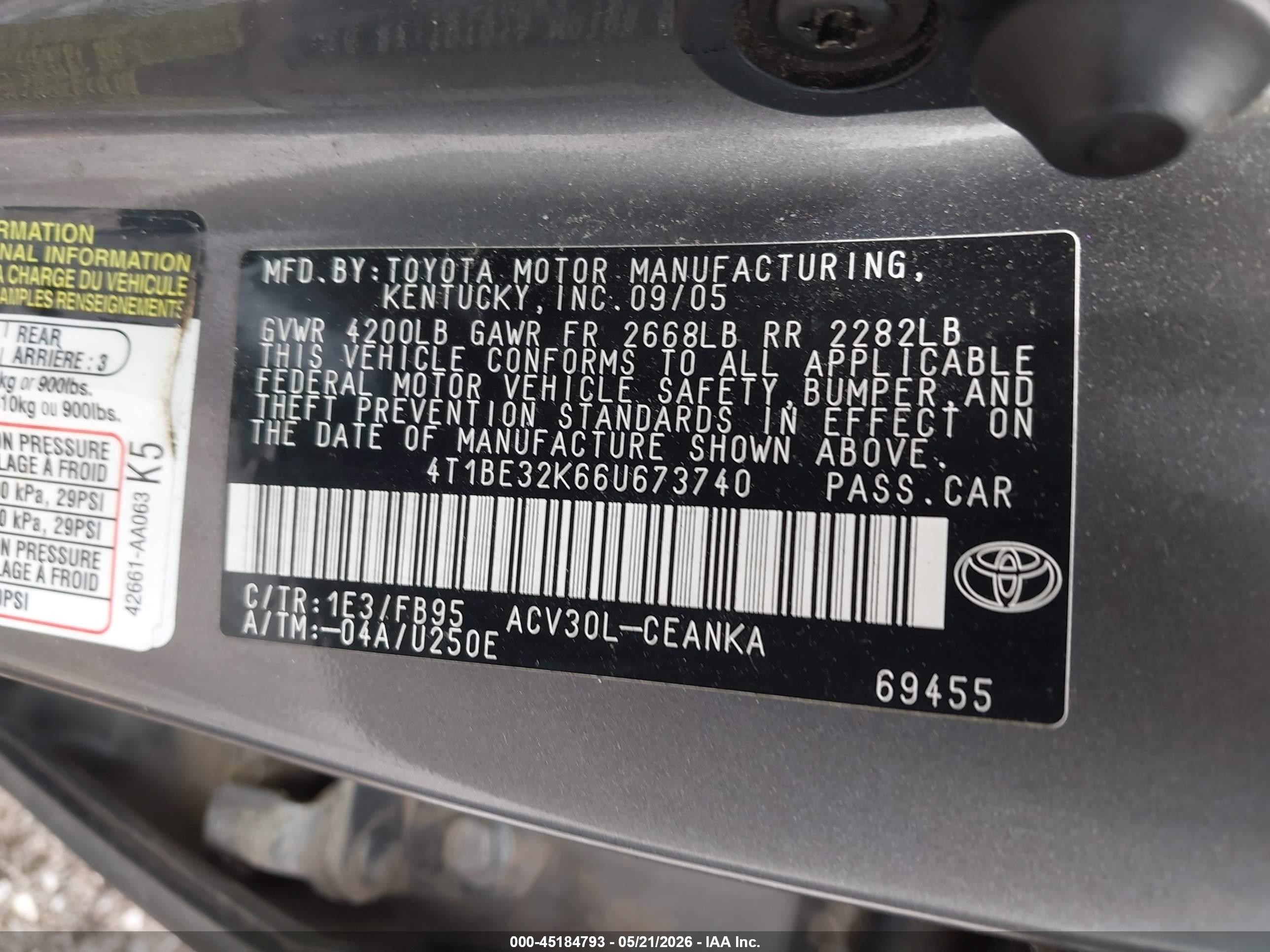 2006 Toyota Camry Std Gray vin: 4T1BE32K66U673740