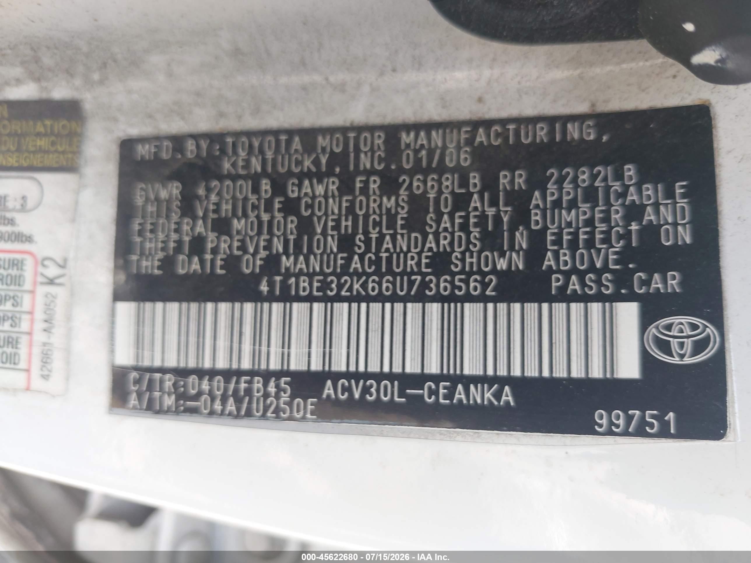 2006 Toyota Camry Le Белый vin: 4T1BE32K66U736562