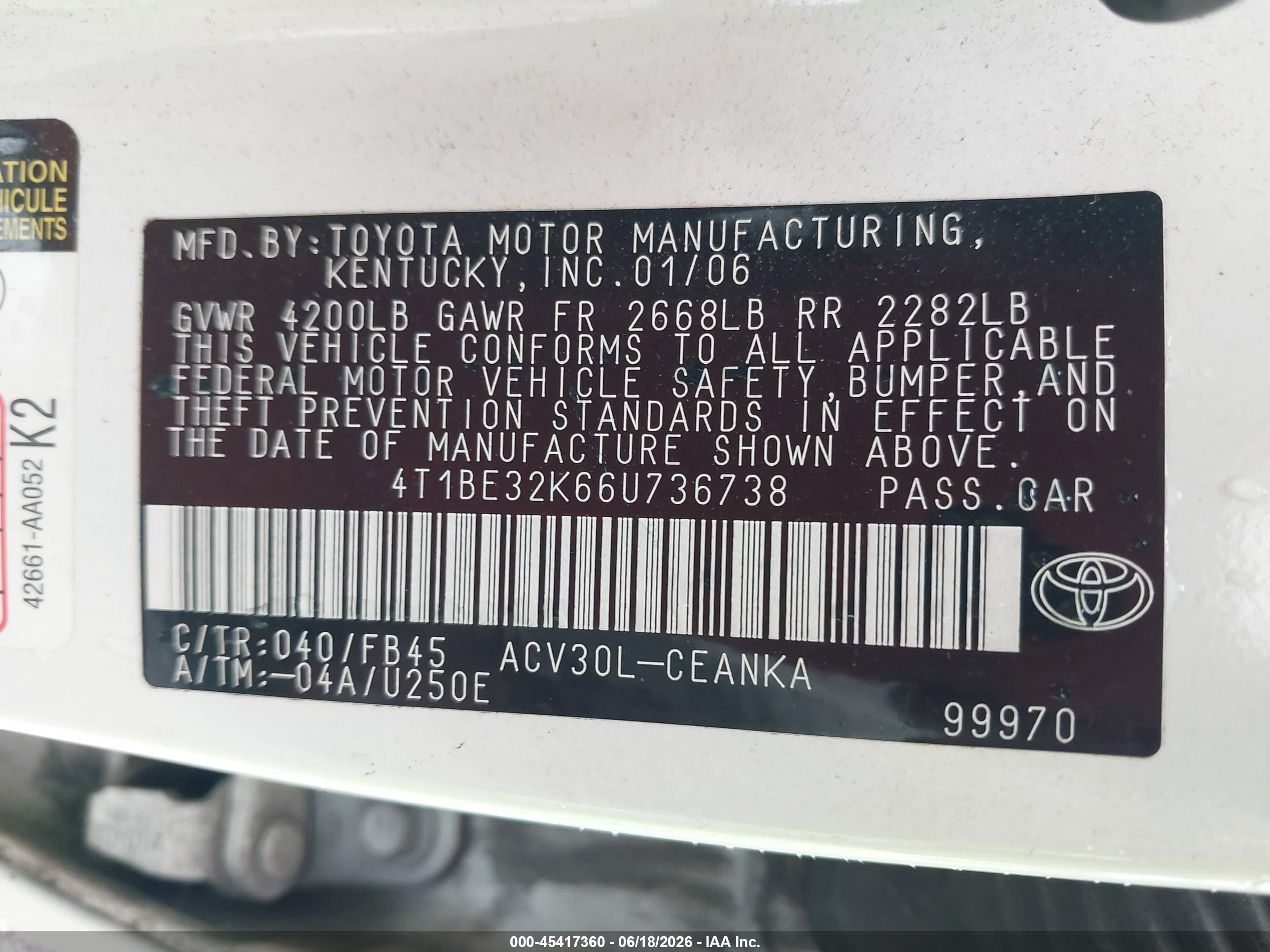 2006 Toyota Camry Le White vin: 4T1BE32K66U736738