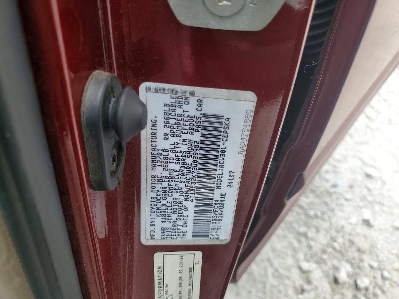 2002 Toyota Camry Se Red vin: 4T1BE32K72U029982