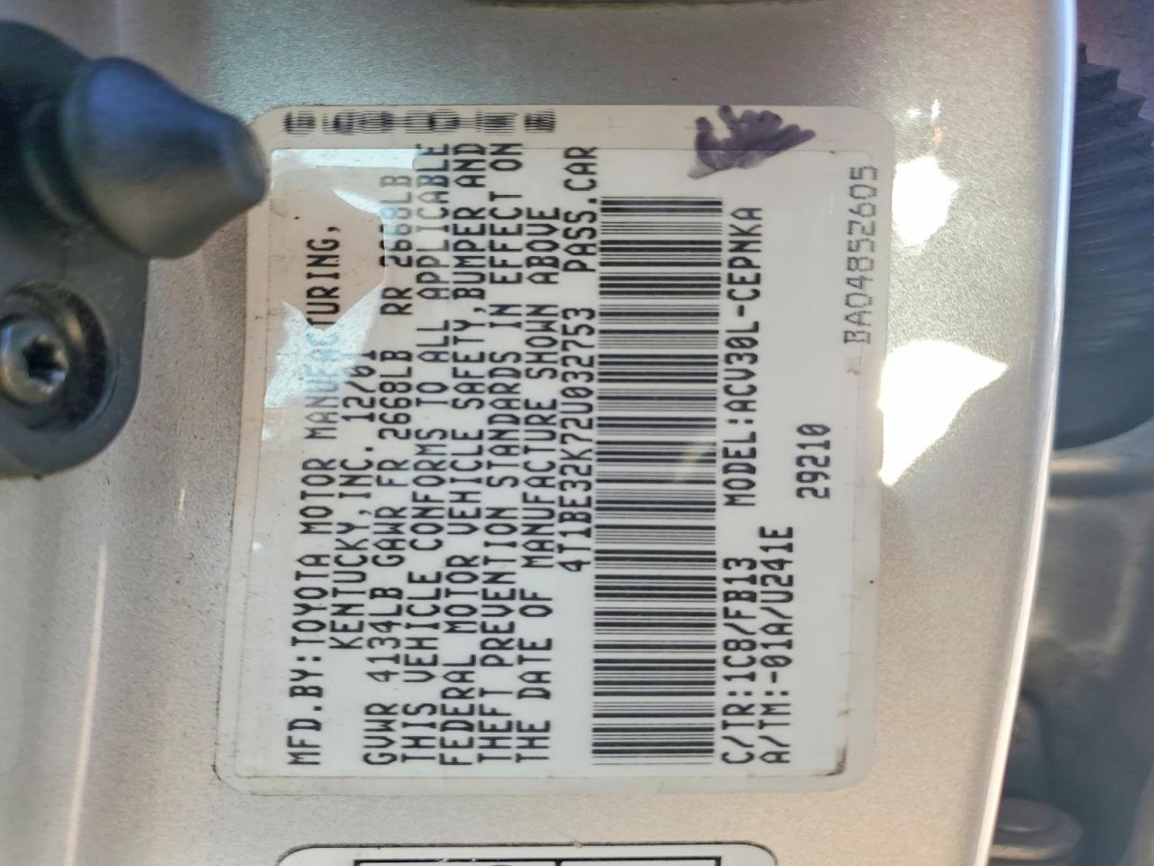 2002 Toyota Camry Le Silver vin: 4T1BE32K72U032753