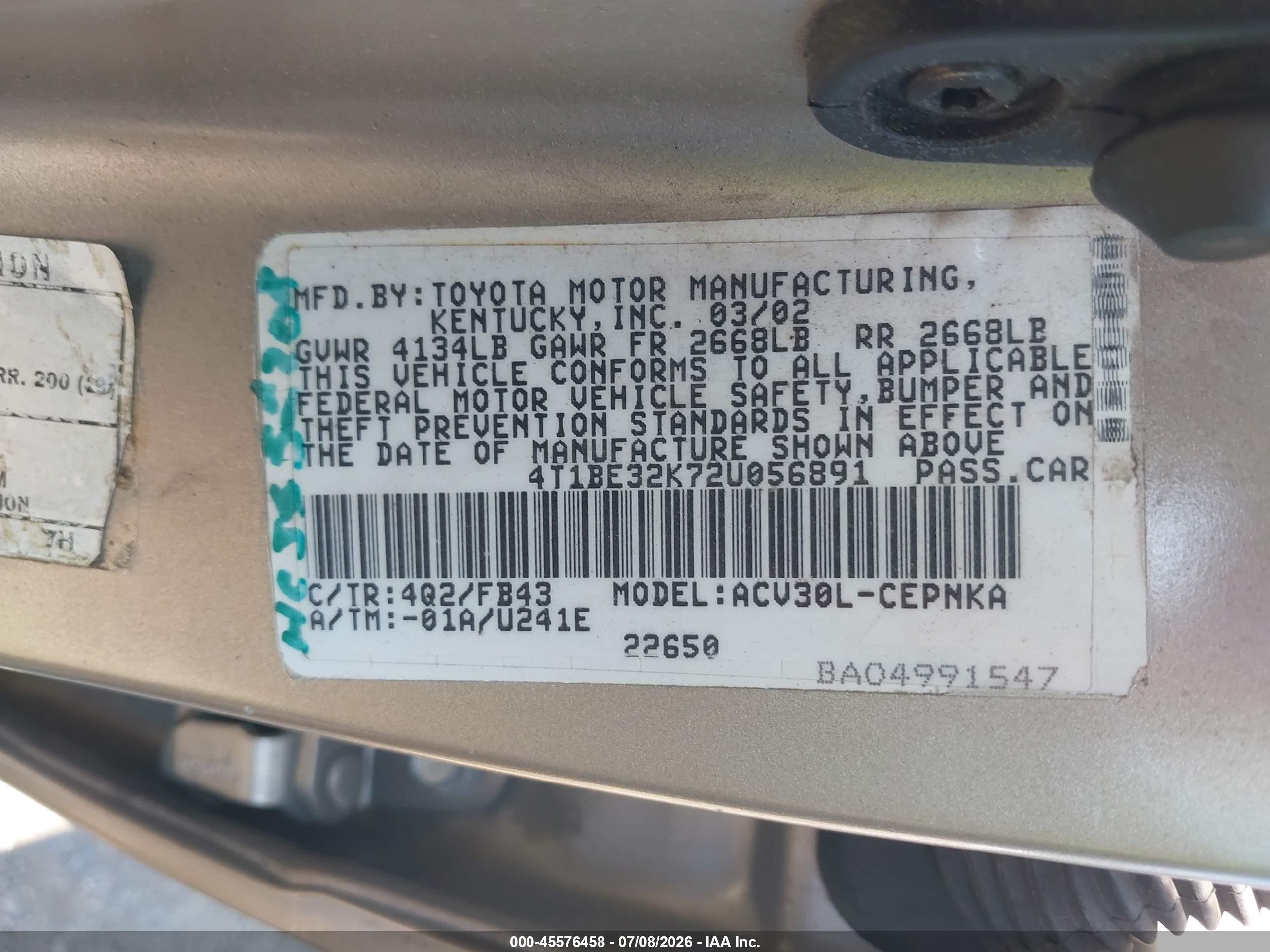 2002 Toyota Camry Le Золотой vin: 4T1BE32K72U056891
