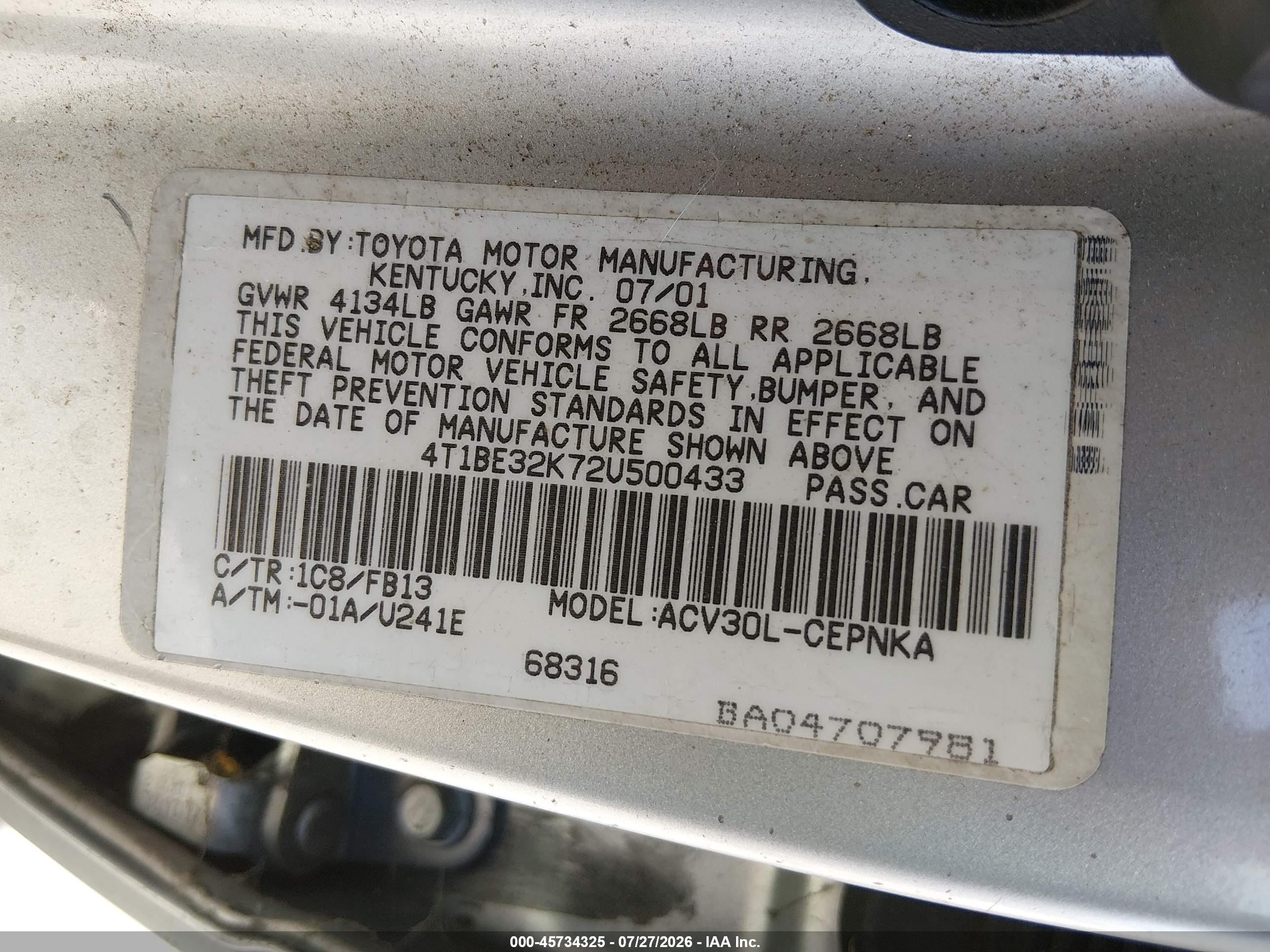 2002 Toyota Camry Le Gray vin: 4T1BE32K72U500433