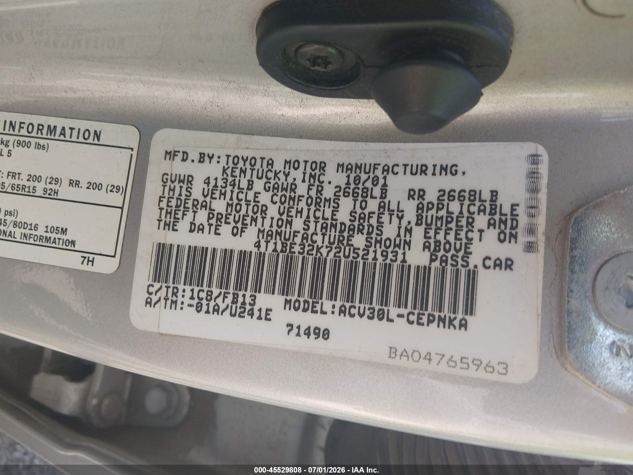 2002 Toyota Camry Le Silver vin: 4T1BE32K72U521931