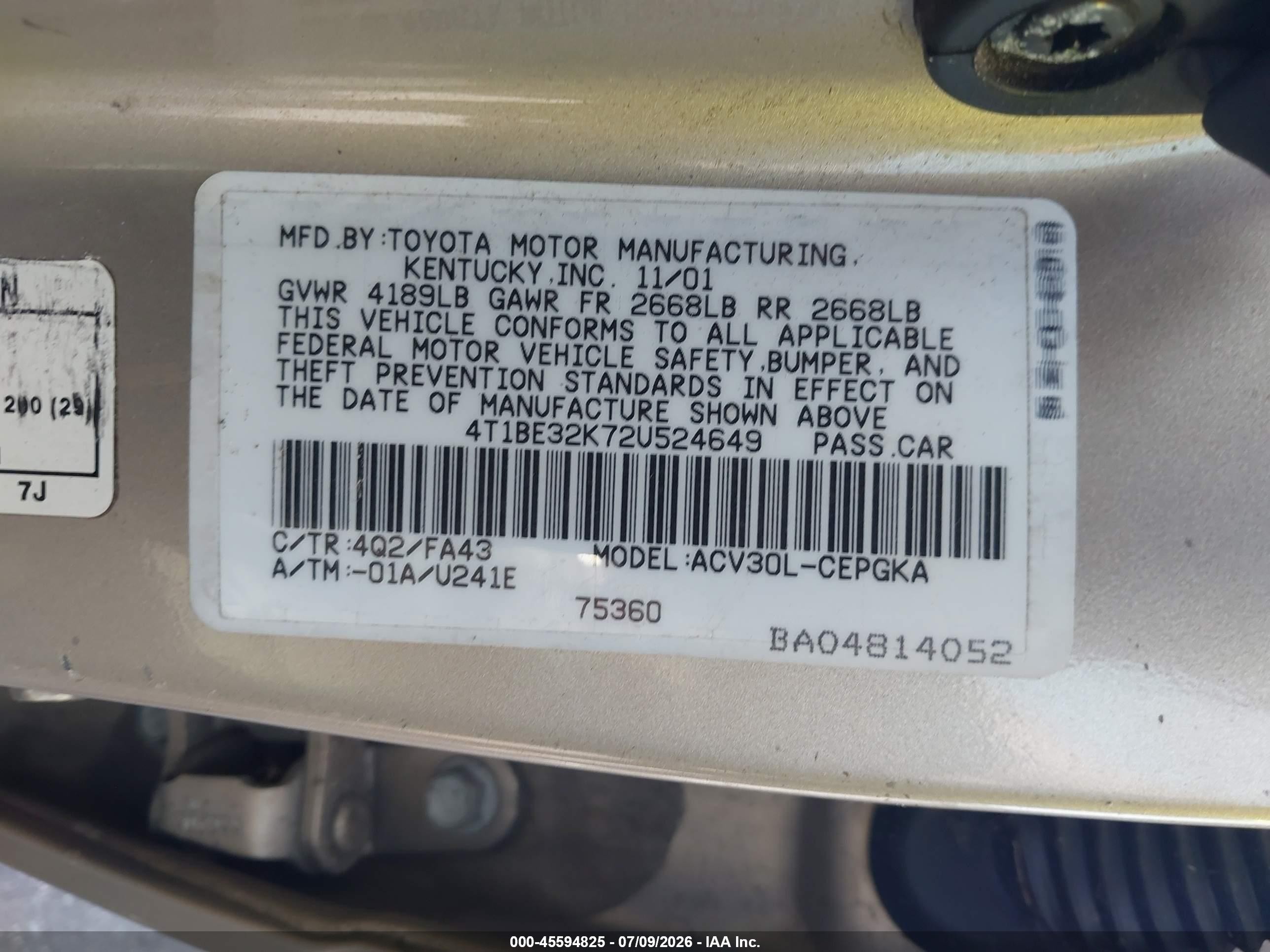 2002 Toyota Camry Xle Gold vin: 4T1BE32K72U524649