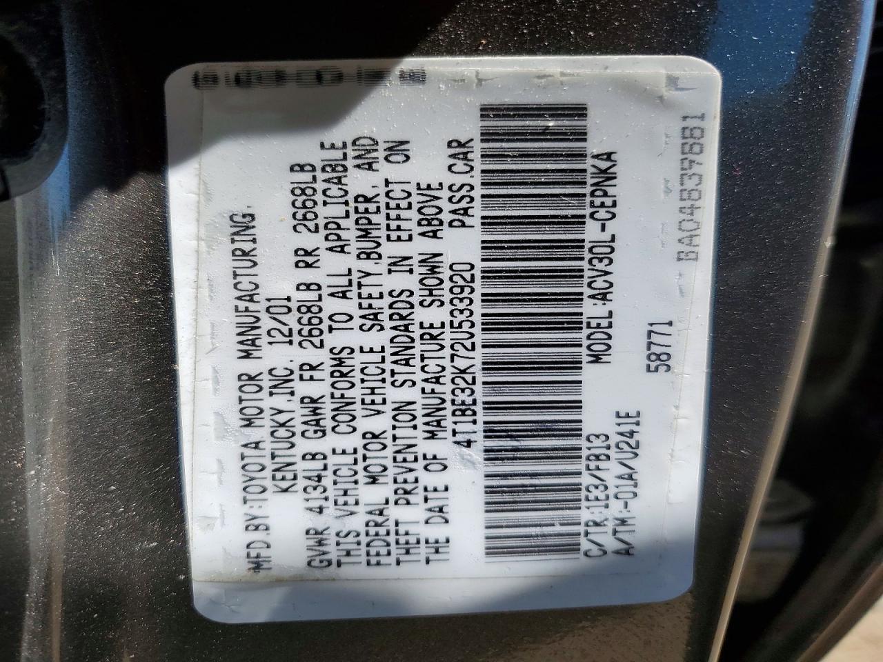 2002 Toyota Camry Le Gray vin: 4T1BE32K72U533920