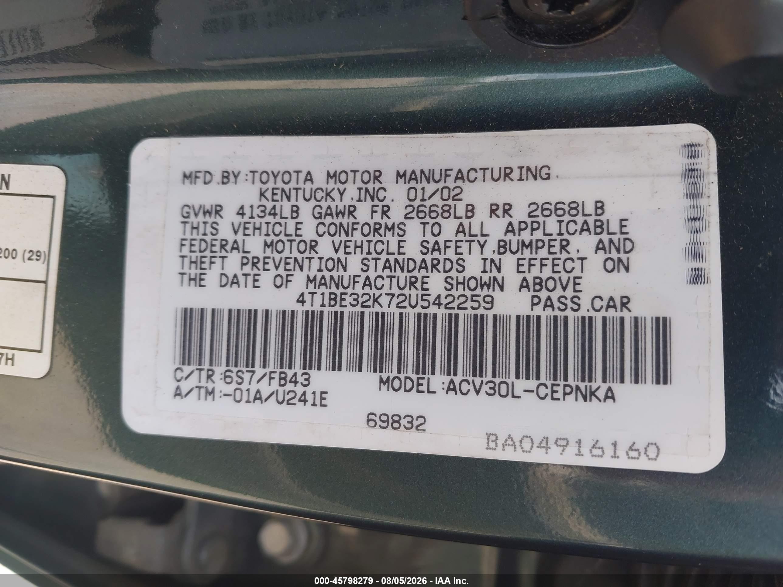 2002 Toyota Camry Le Green vin: 4T1BE32K72U542259
