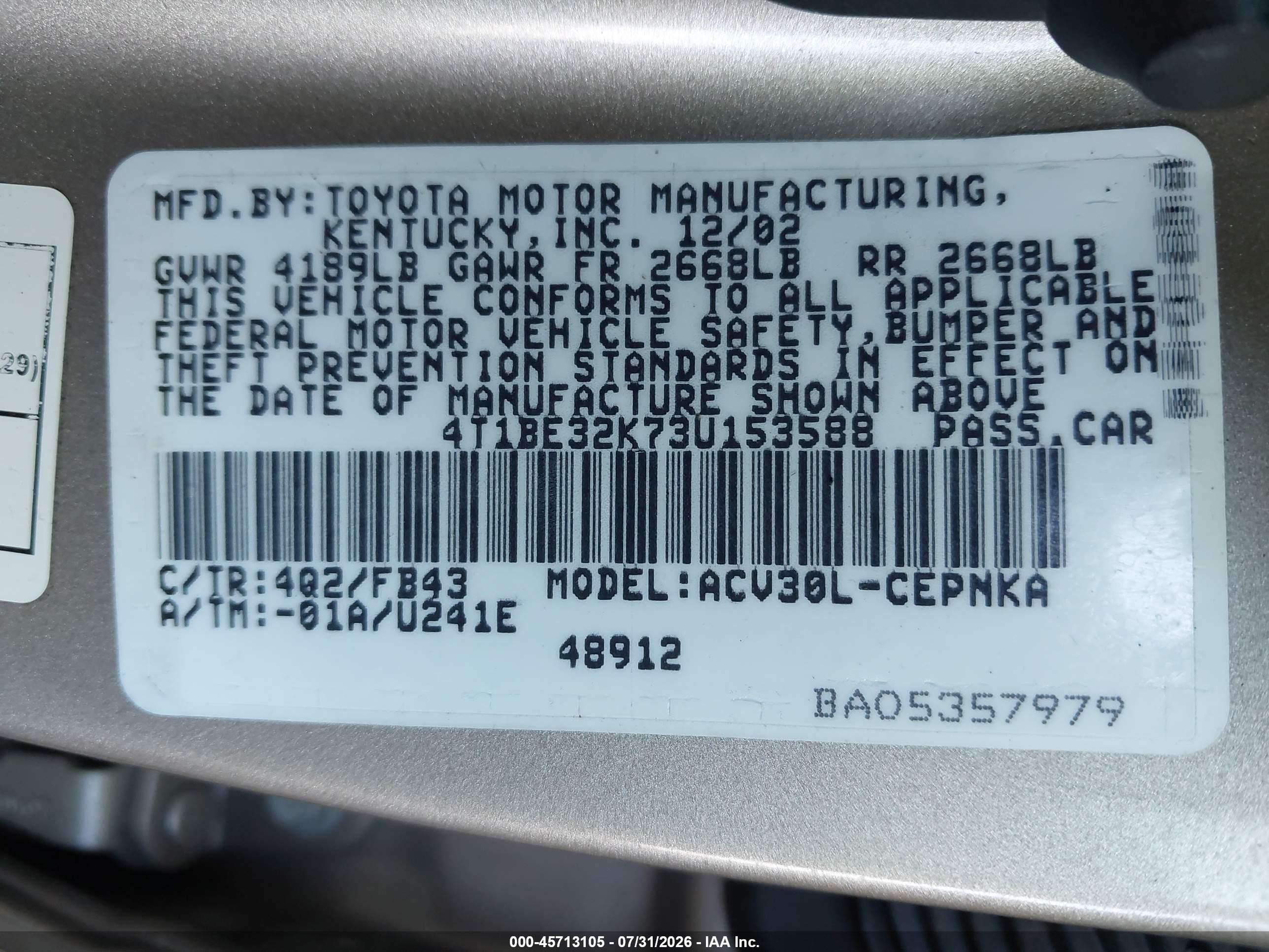 2003 Toyota Camry Le Gold vin: 4T1BE32K73U153588