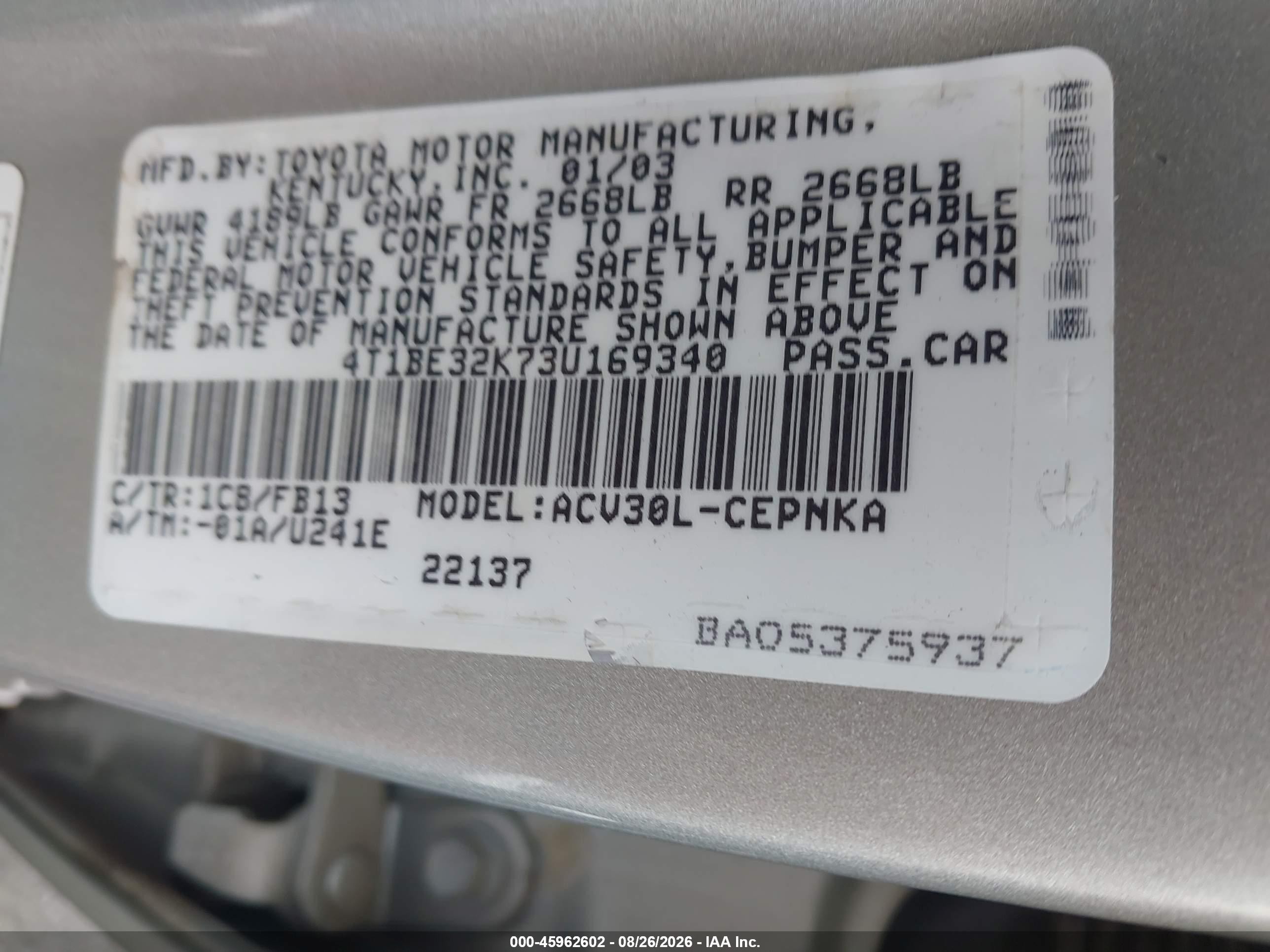 2003 Toyota Camry Le Silver vin: 4T1BE32K73U169340