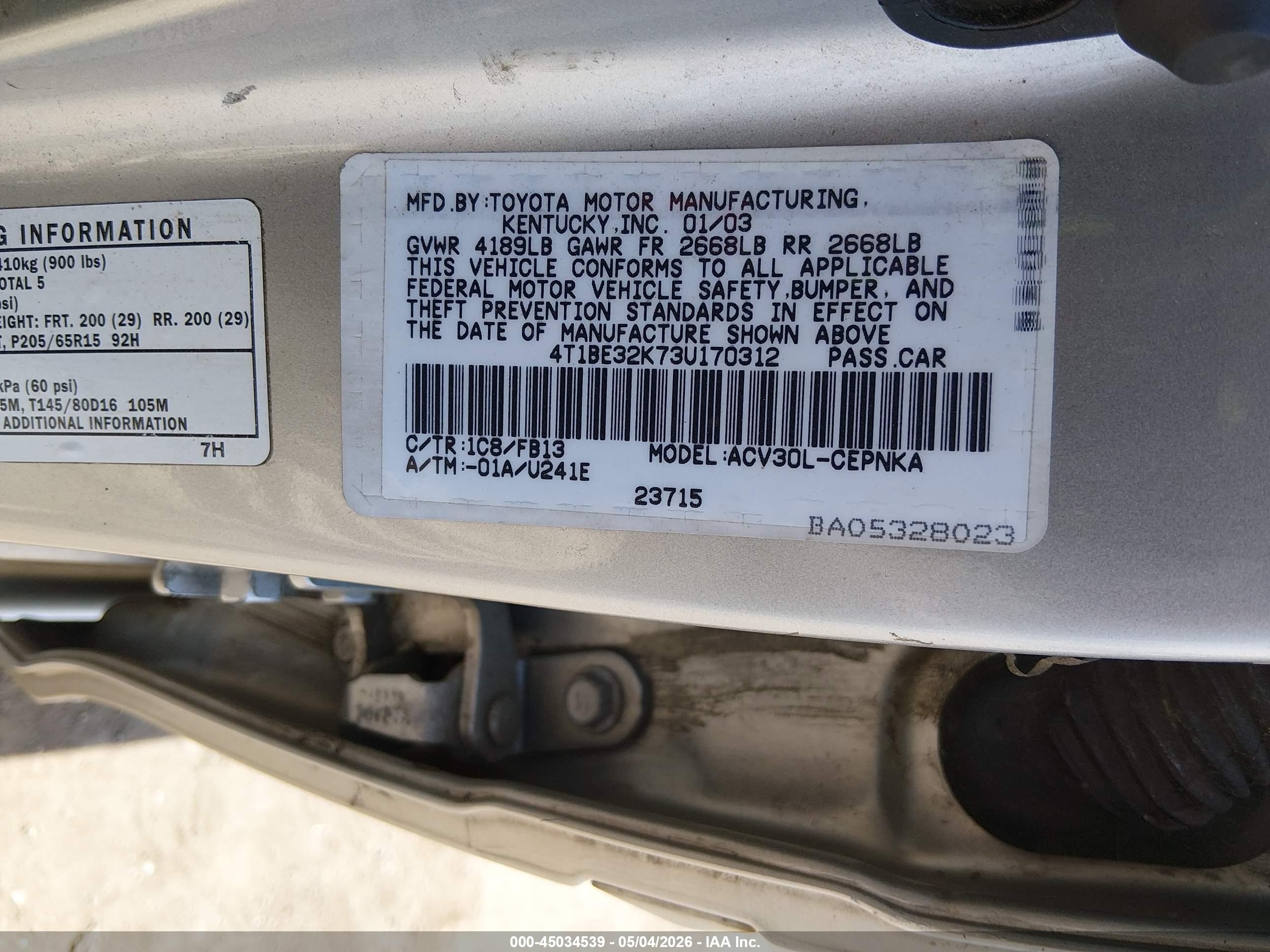 2003 Toyota Camry Le Серебряный vin: 4T1BE32K73U170312