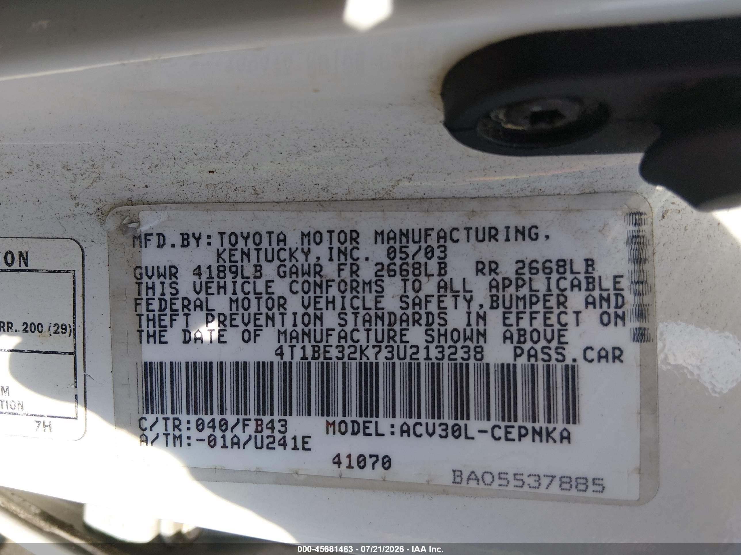 2003 Toyota Camry Le/xle/se White vin: 4T1BE32K73U213238