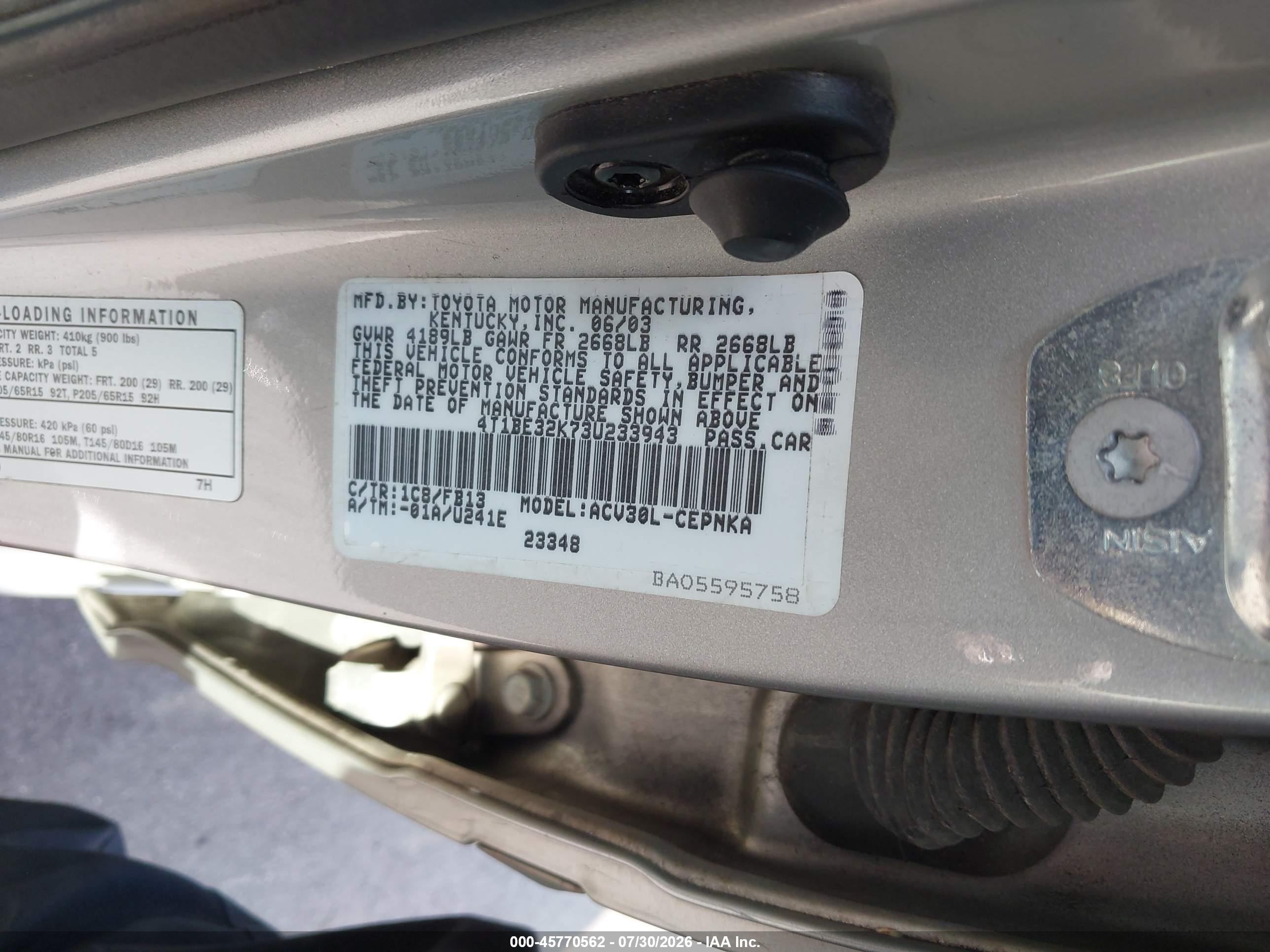 2003 Toyota Camry Le Silver vin: 4T1BE32K73U233943