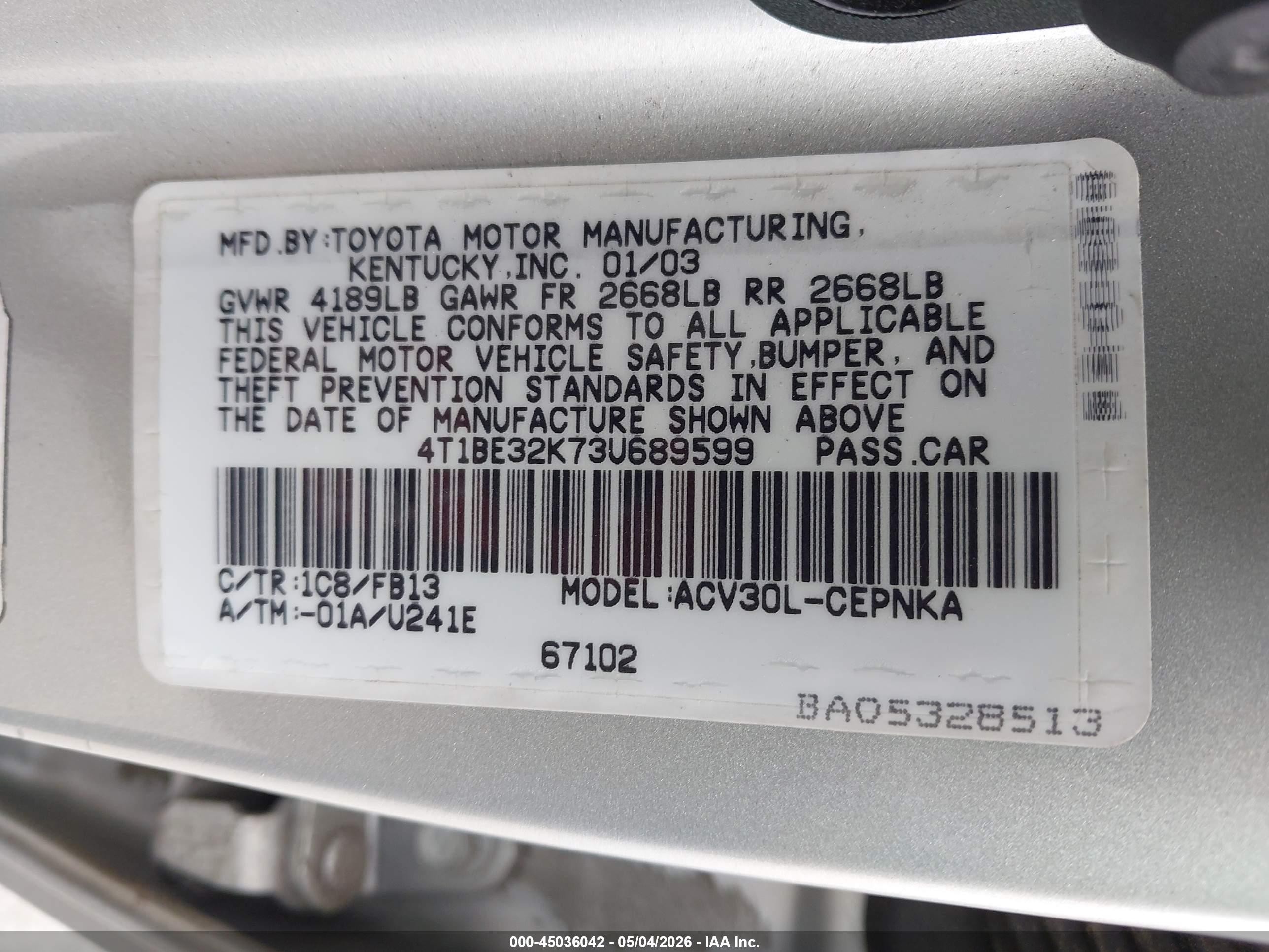 2003 Toyota Camry Le Серебряный vin: 4T1BE32K73U689599