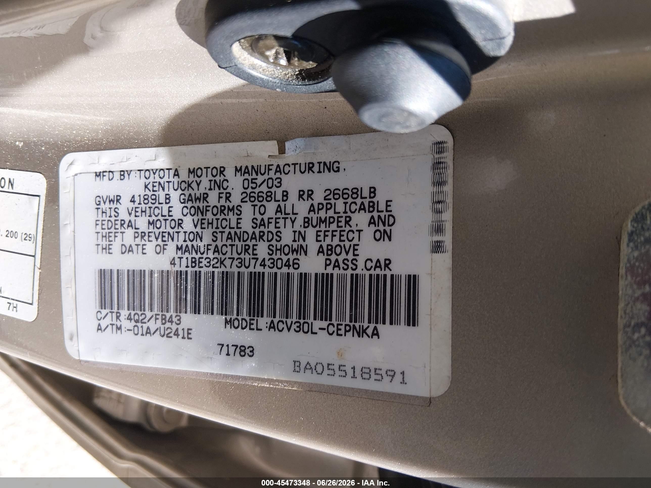 2003 Toyota Camry Le Champagne vin: 4T1BE32K73U743046