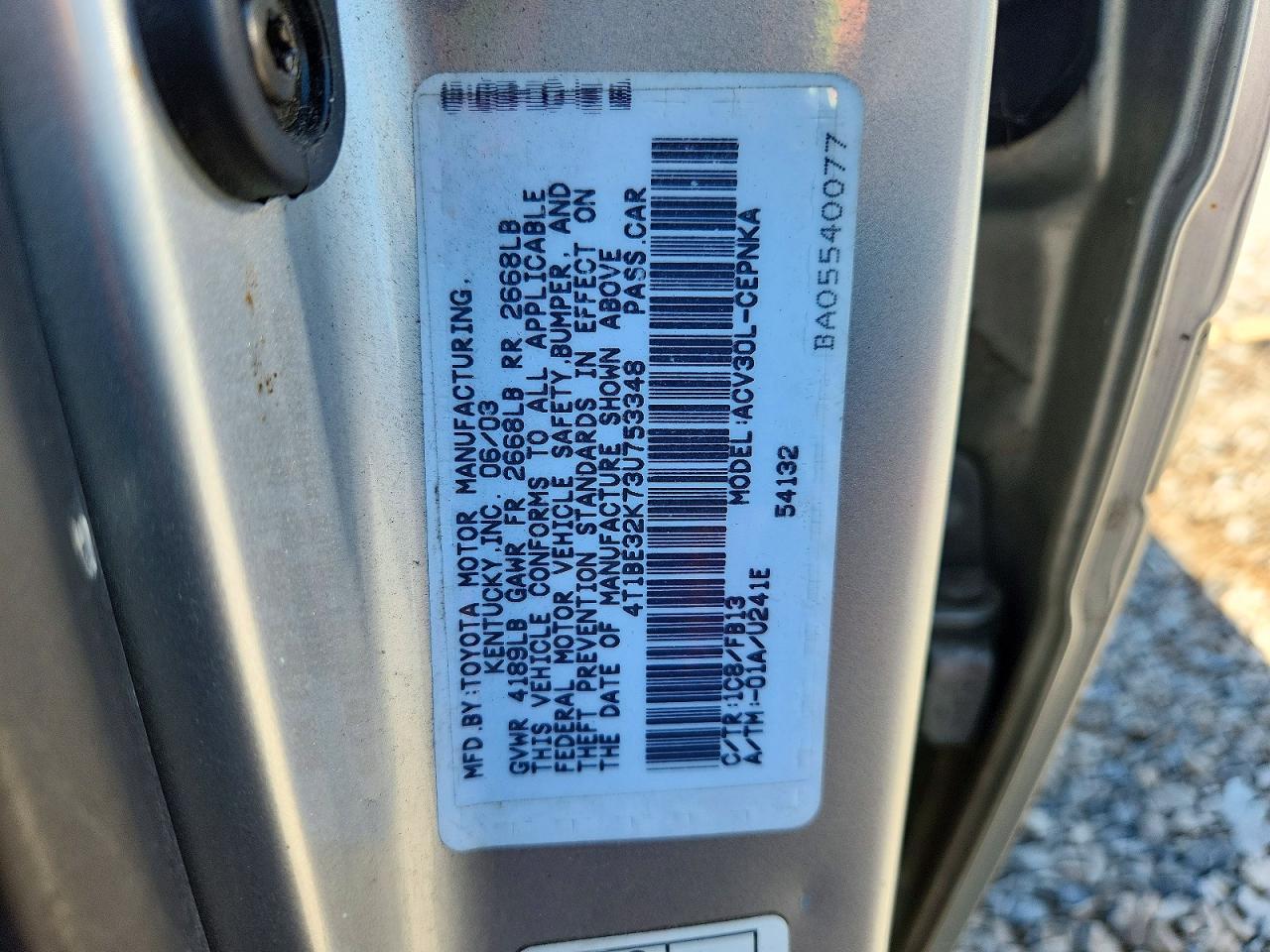 2003 Toyota Camry Le Silver vin: 4T1BE32K73U753348