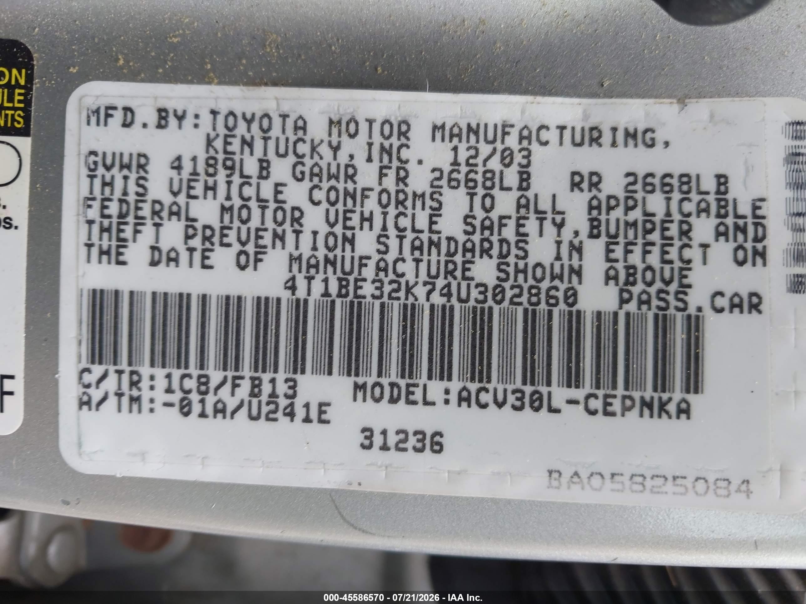 2004 Toyota Camry Le/xle/se Silver vin: 4T1BE32K744302860