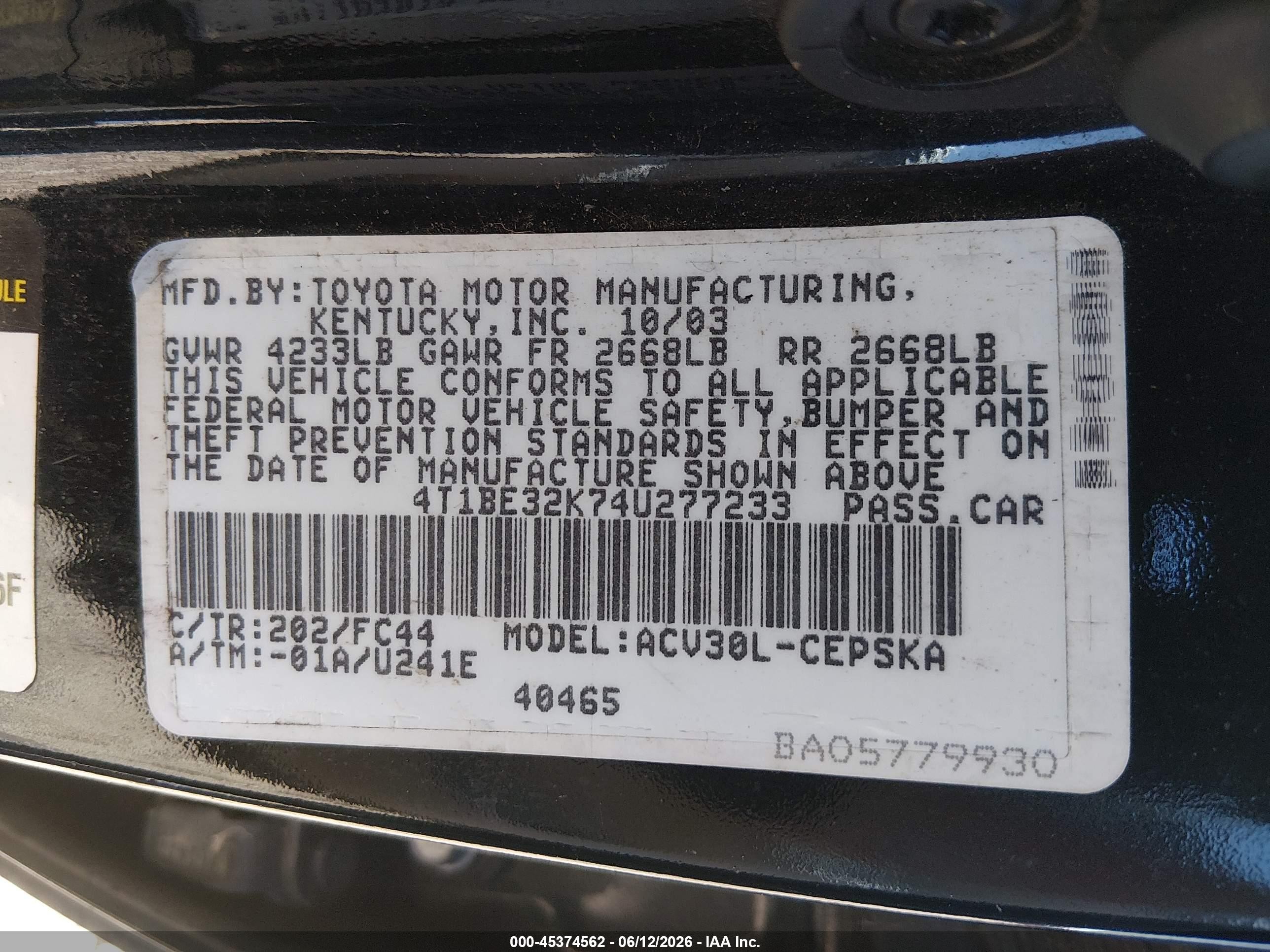 2004 Toyota Camry Se Черный vin: 4T1BE32K74U277233