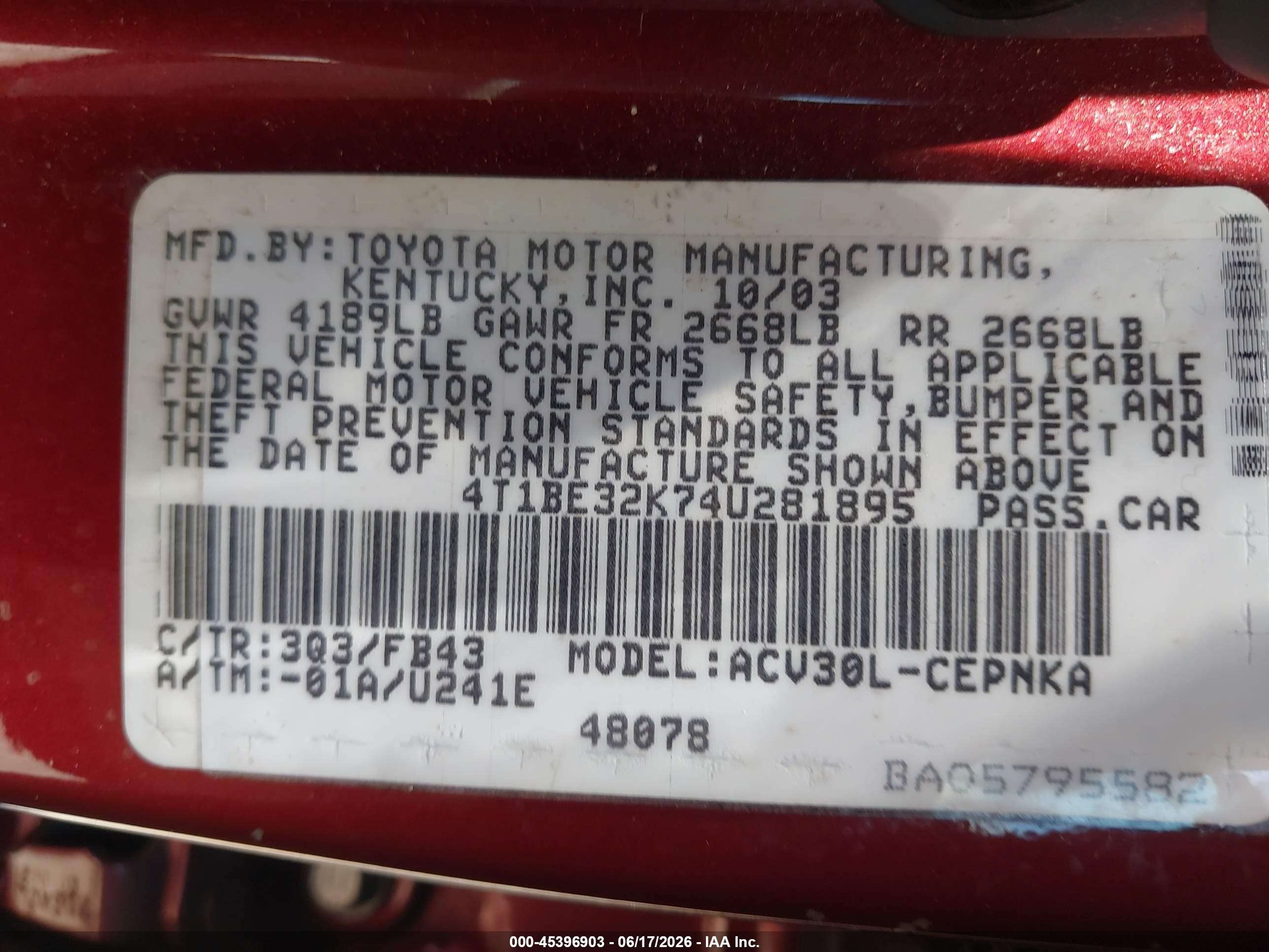 2004 Toyota Camry Le Red vin: 4T1BE32K74U281895