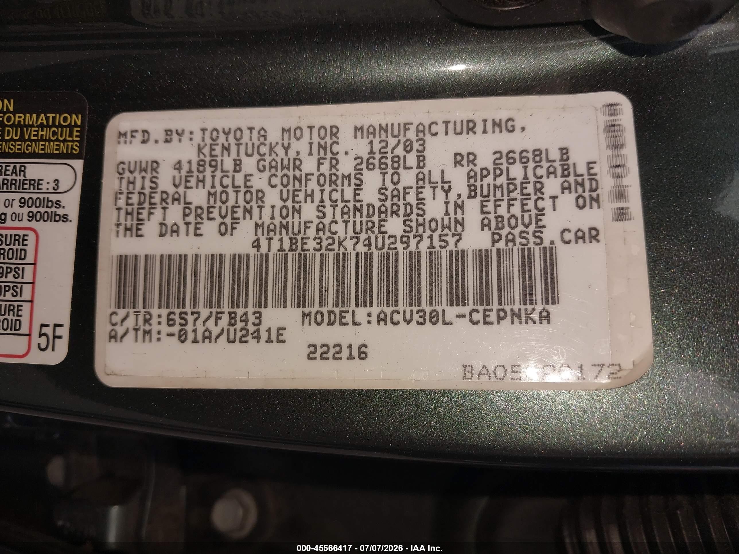 2004 Toyota Camry Le Green vin: 4T1BE32K74U297157